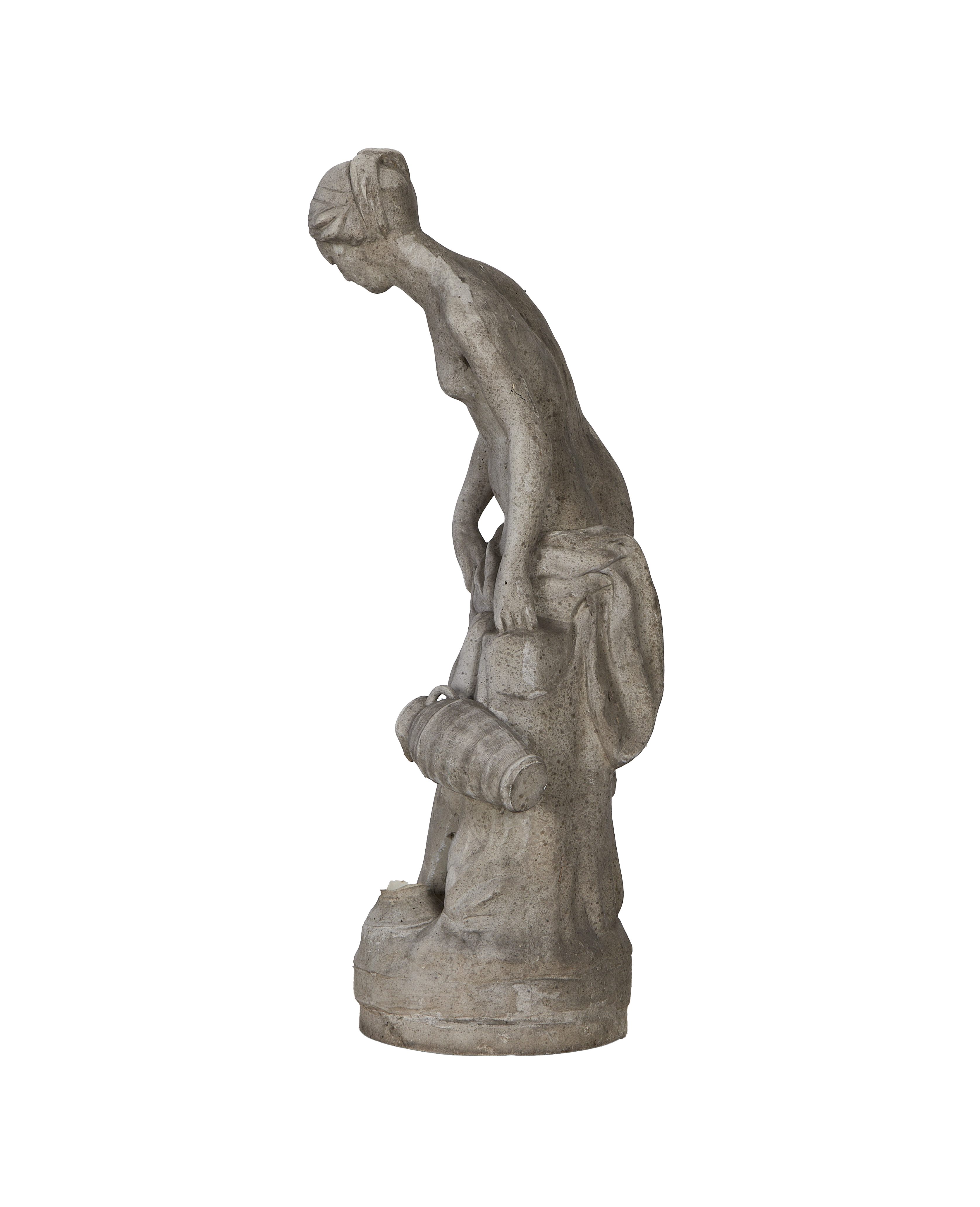 Vintage French woman statue side view, carrying two amphora jars, weathered concrete.