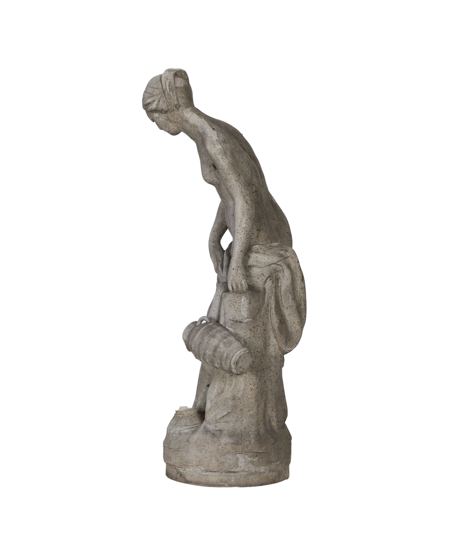 Vintage French woman statue side view, carrying two amphora jars, weathered concrete.