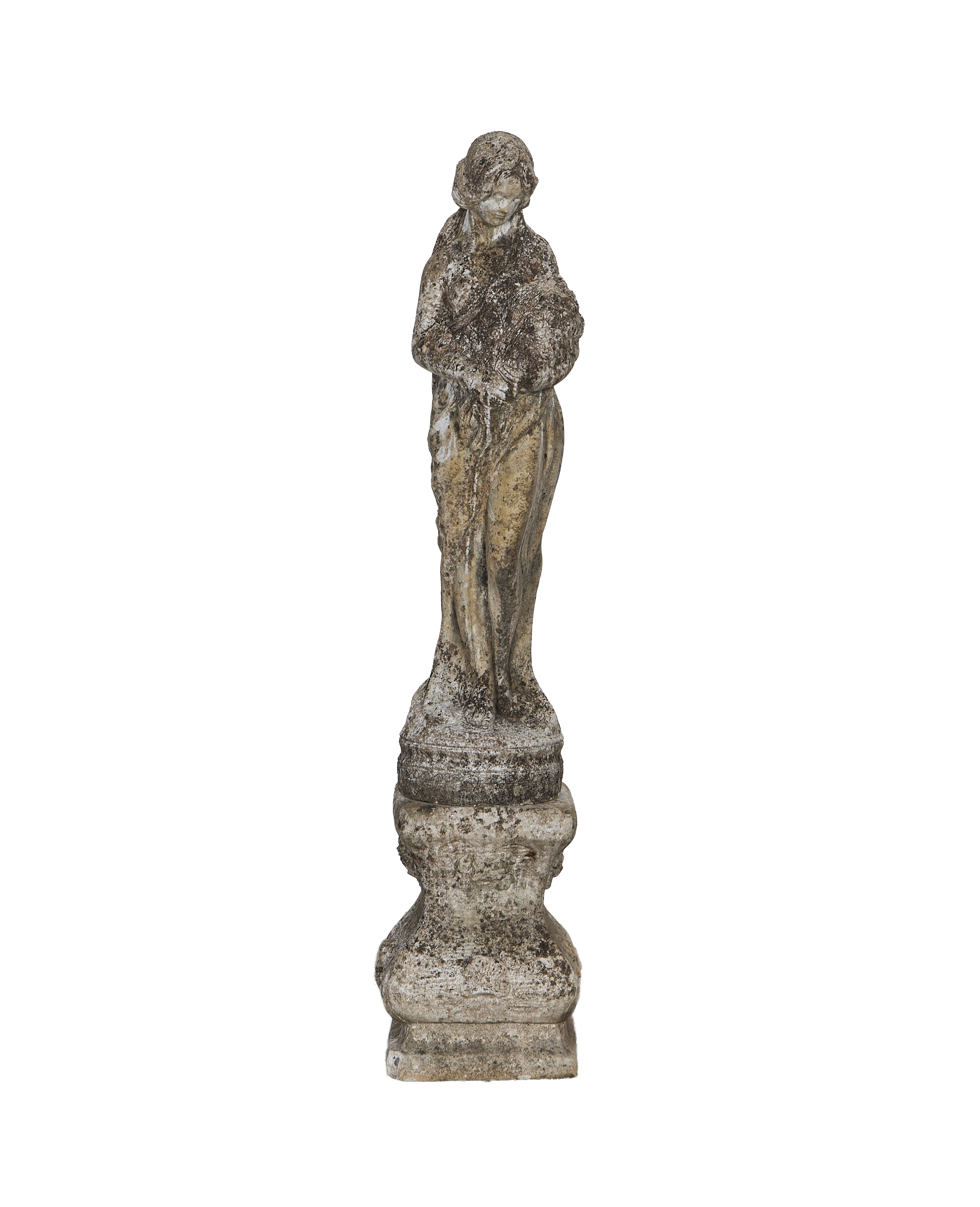 Vintage French oak woman statue, weathered white condition, on carved pedestal.