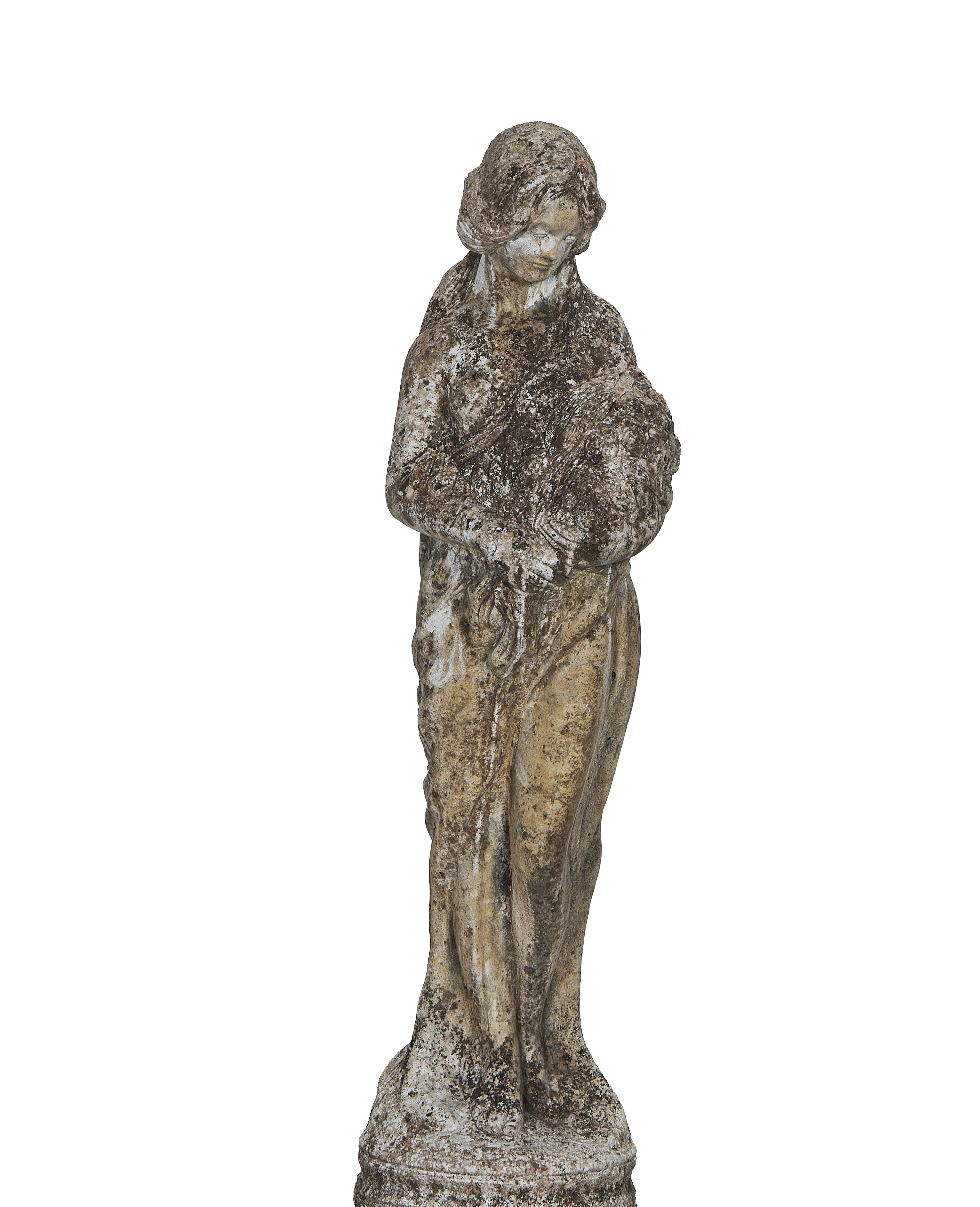 Vintage French concrete woman statue, full view, showcasing weathered patina, detailed clothing.