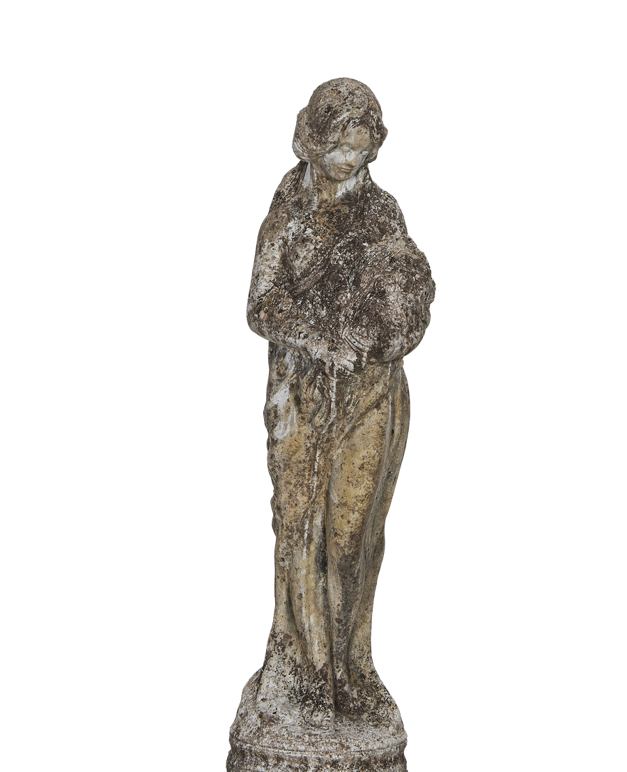 Vintage French concrete woman statue, full view, showcasing weathered patina, detailed clothing.