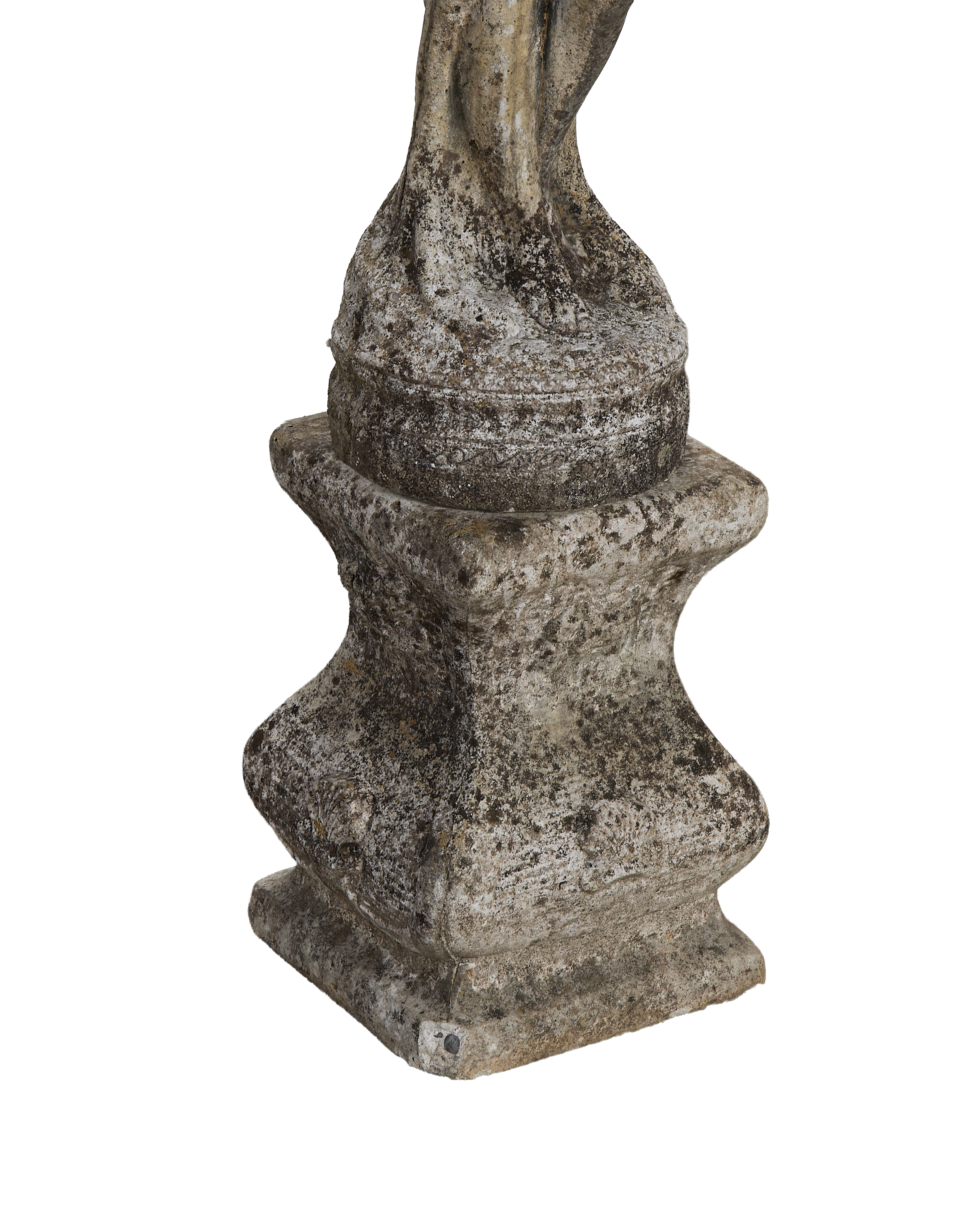 Vintage French oak woman statue, detailed view of textured base and twisted drape.