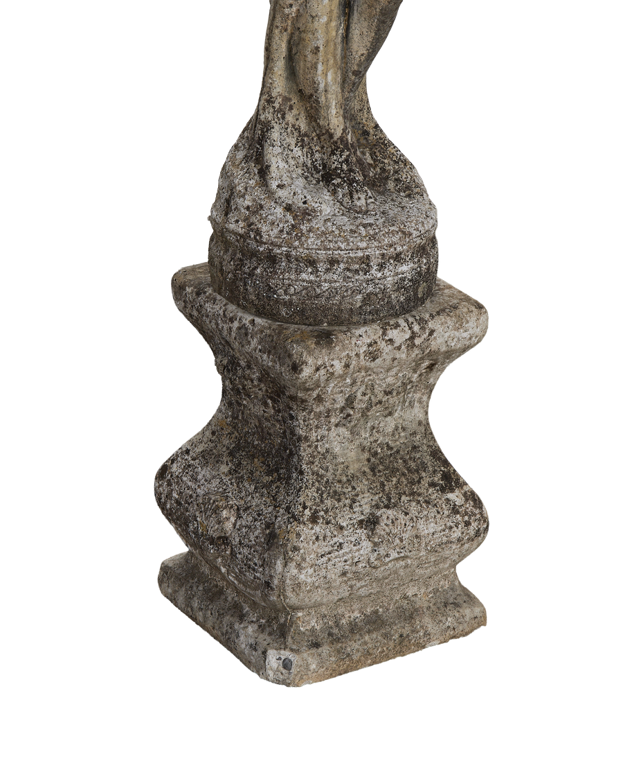 Vintage French oak woman statue, detailed view of textured base and twisted drape.