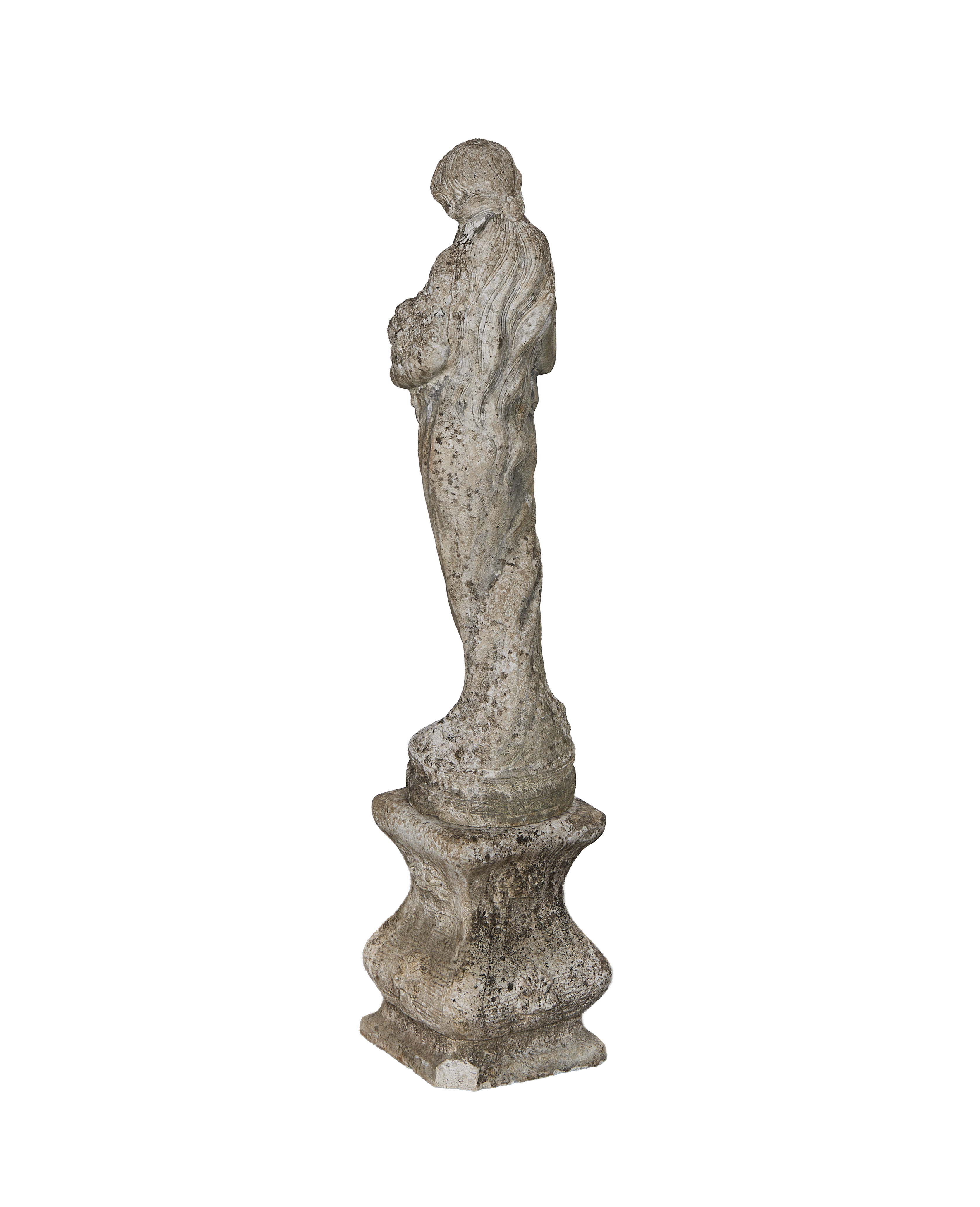 French vintage oak woman statue, side profile, showing weathered, rough-hewn texture.