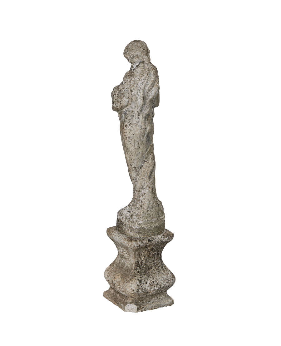 French vintage oak woman statue, side profile, showing weathered, rough-hewn texture.