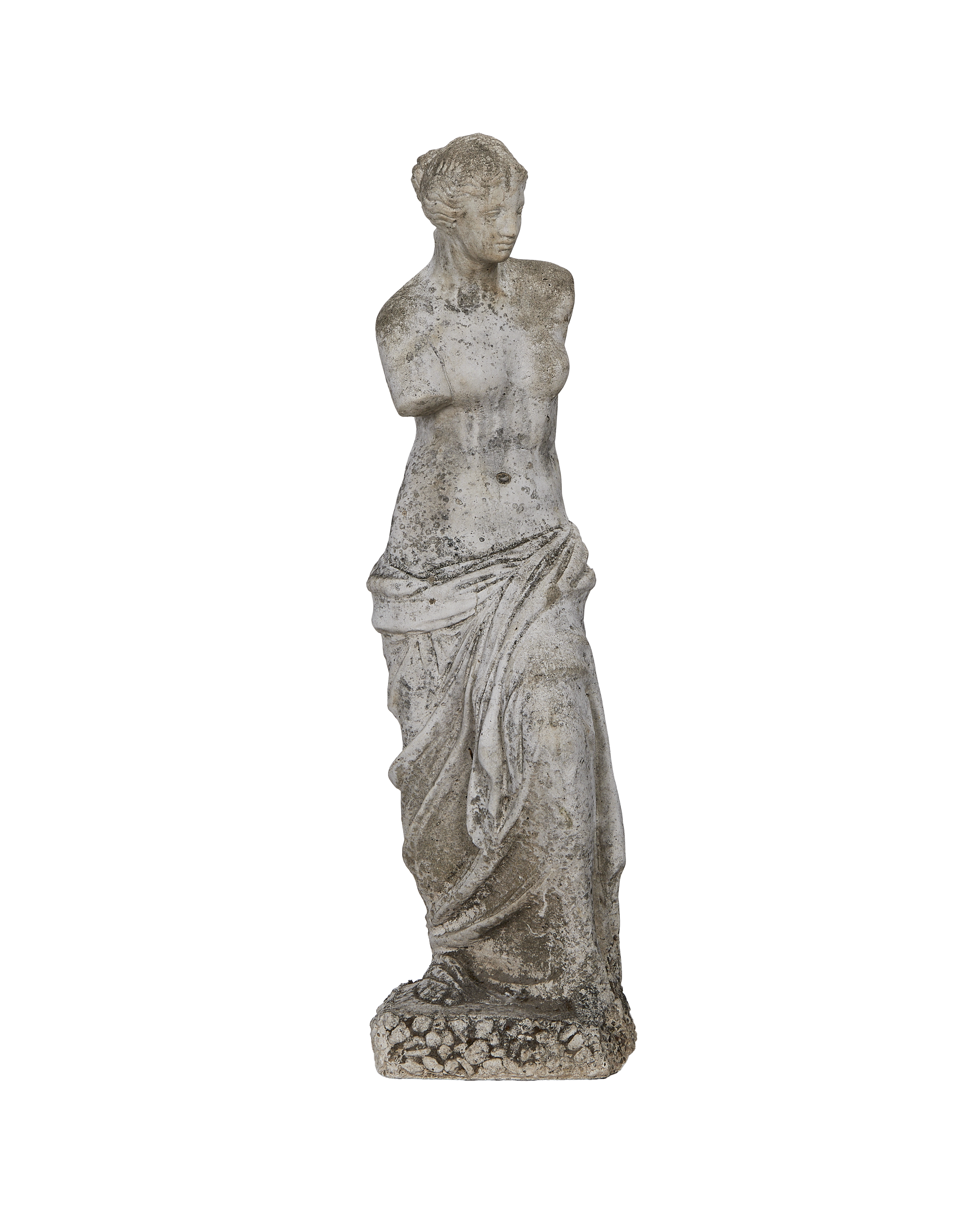 Vintage French weathered concrete woman statue, armless, draped toga, full body view.