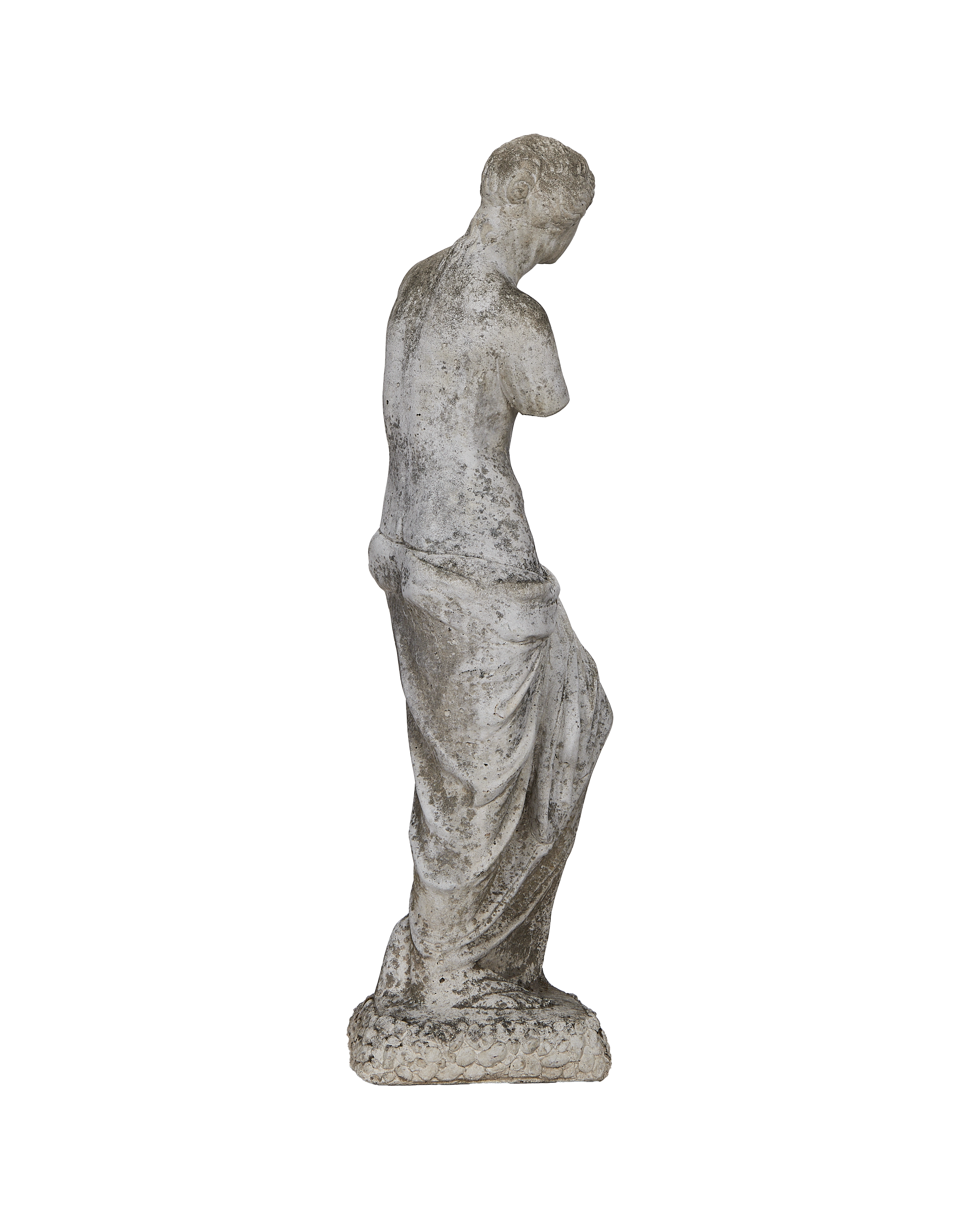 Vintage concrete woman statue, weathered finish, from France, showing detailed back and drape.