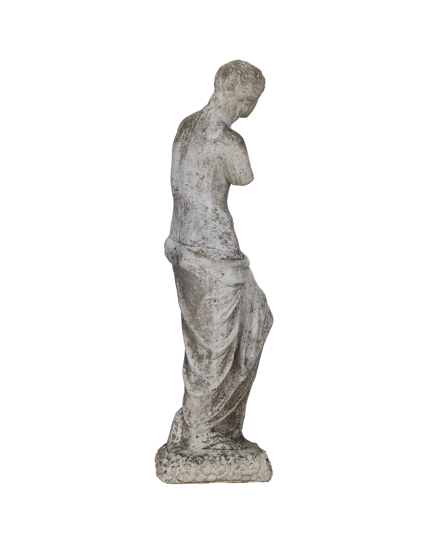 Vintage concrete woman statue, weathered finish, from France, showing detailed back and drape.