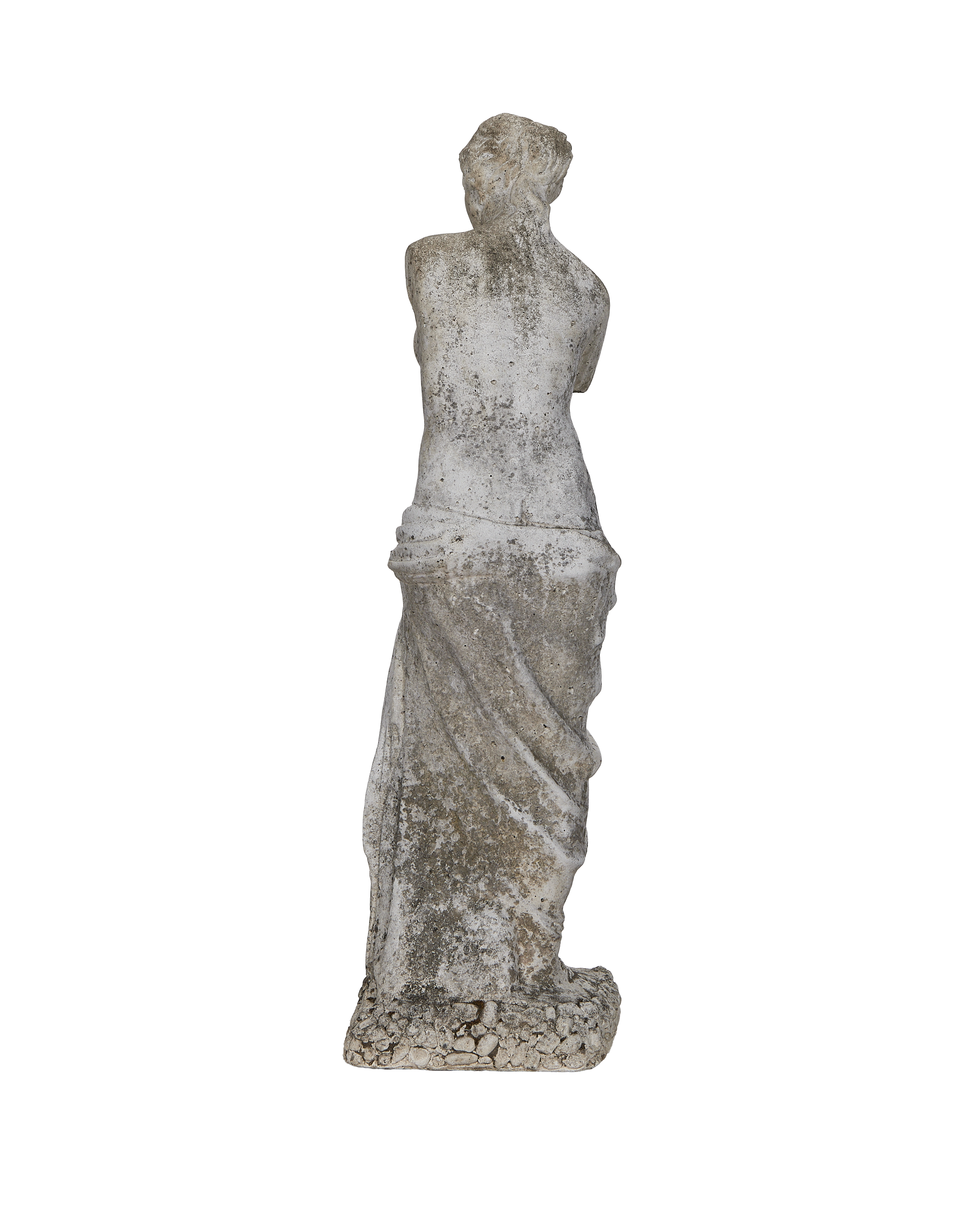 Vintage French woman statue, oak, back view with garment details and weathering.