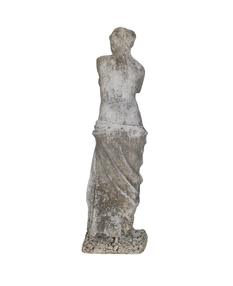 Vintage French woman statue, oak, back view with garment details and weathering.