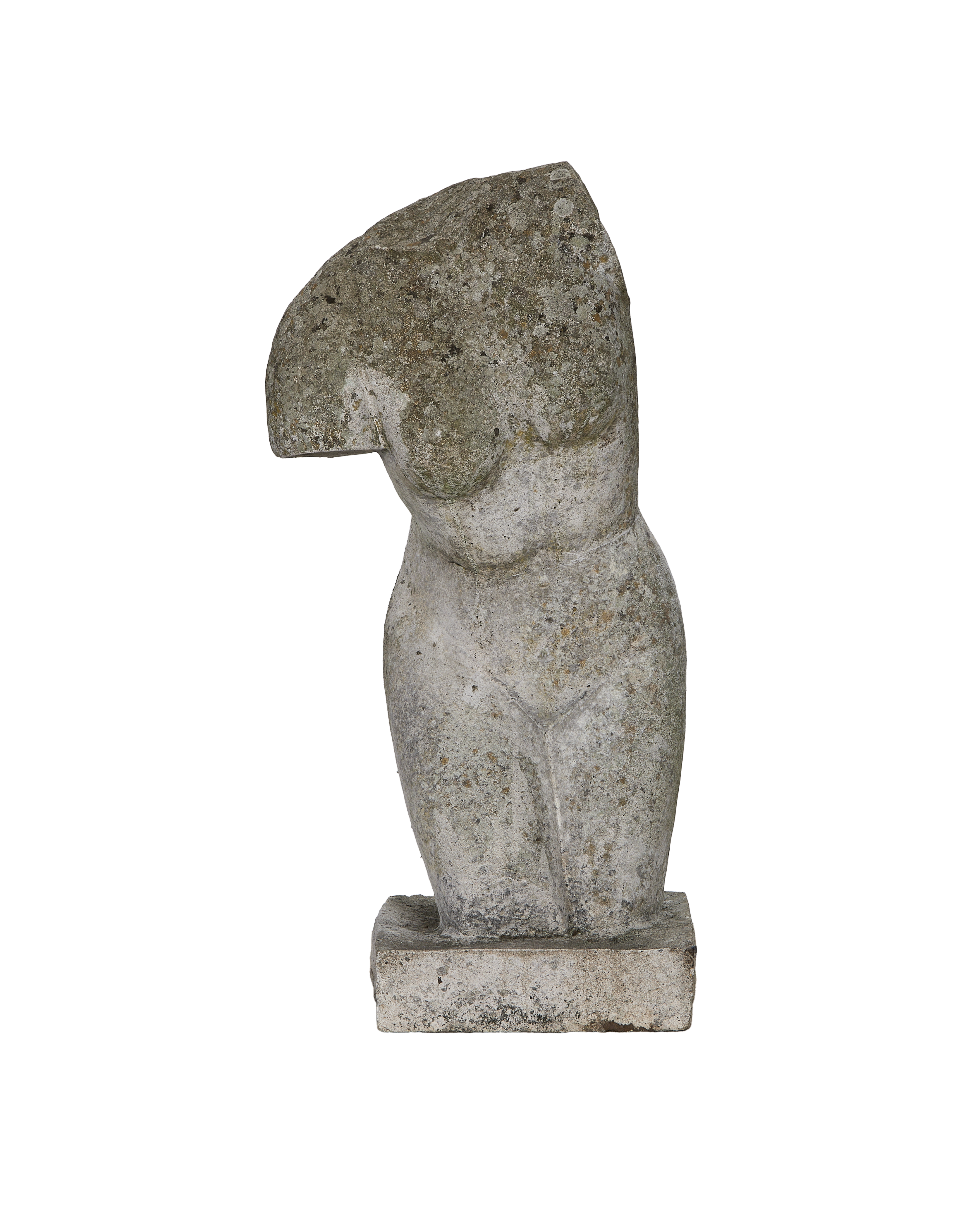 Vintage French torso statue, weathered white oak, detailed with natural cracks and texture.
