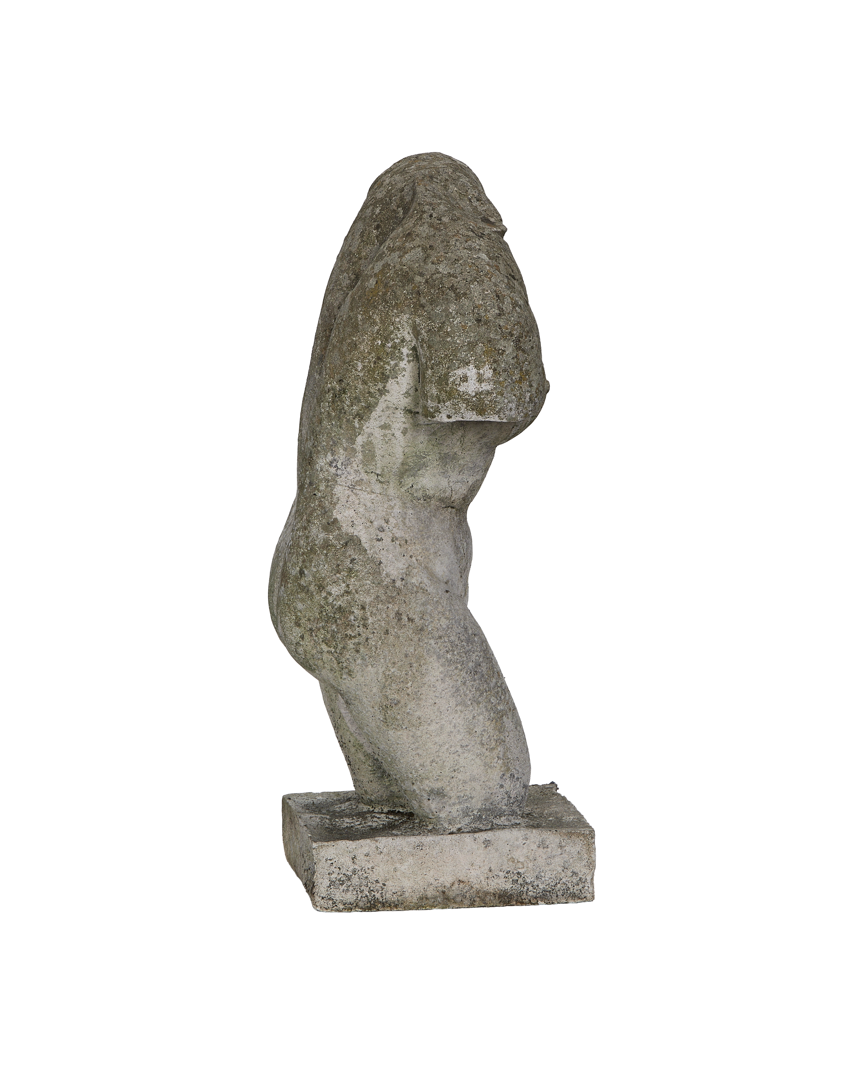 Vintage French stone torso statue, weathered condition, side profile showcasing textured surface.