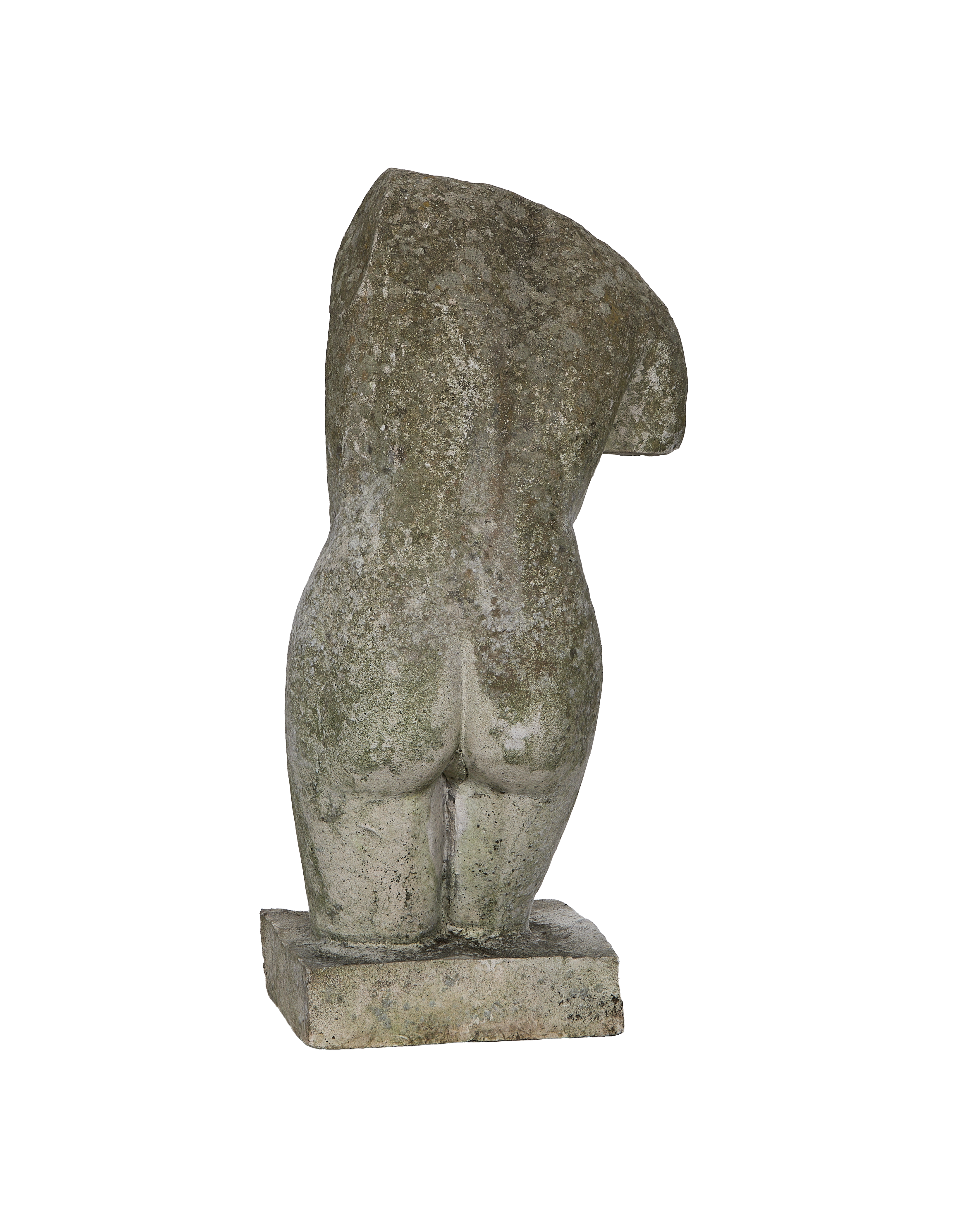 Vintage French concrete torso statue from France, rear view highlighting weathered texture.