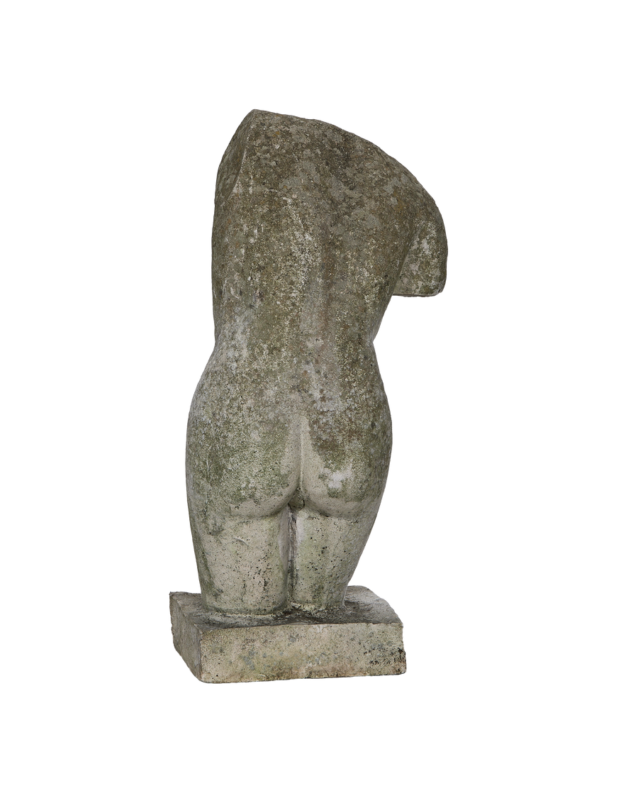 Vintage French concrete torso statue from France, rear view highlighting weathered texture.