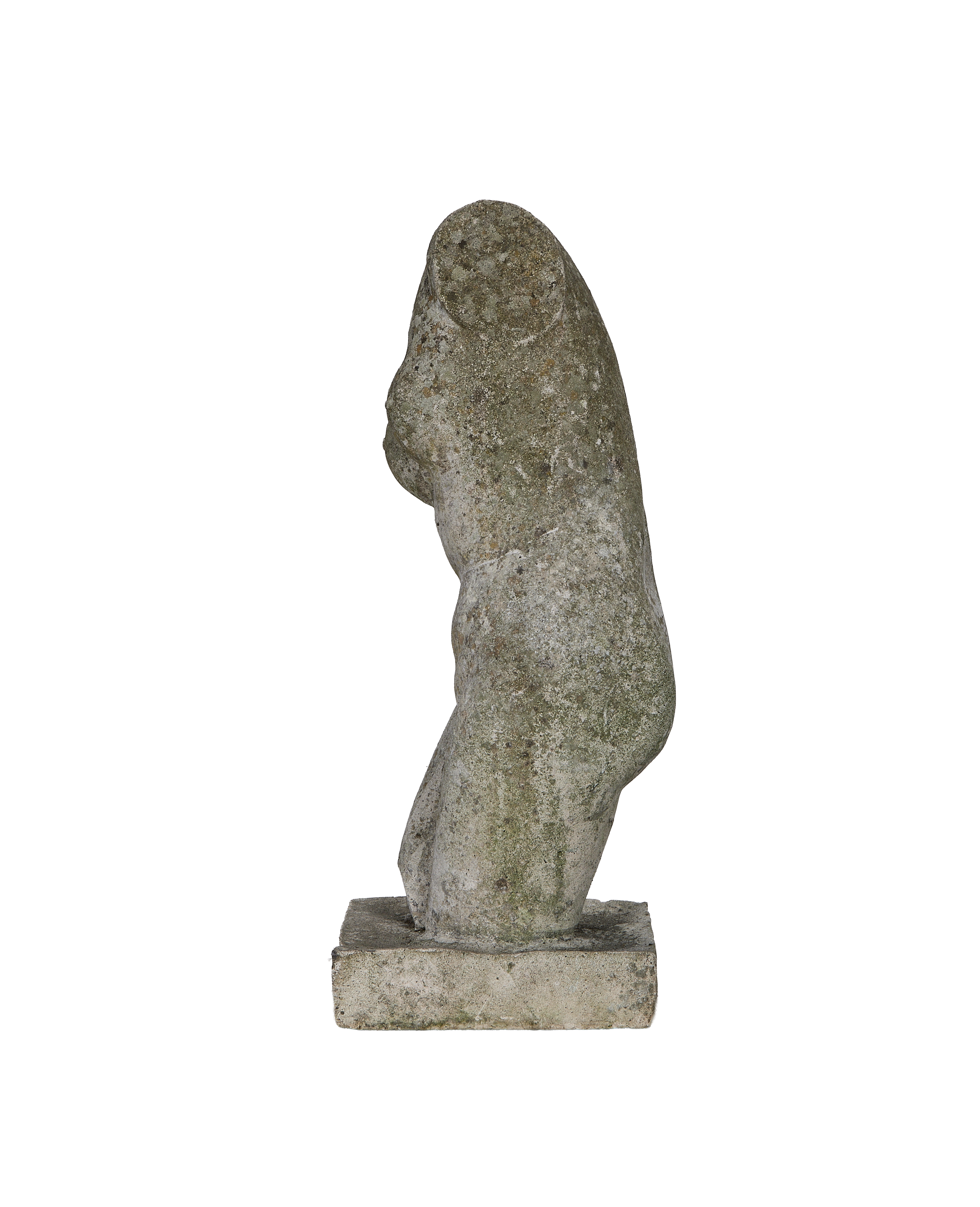 Vintage French oak torso statue, weathered side view, showing natural aging and texture.