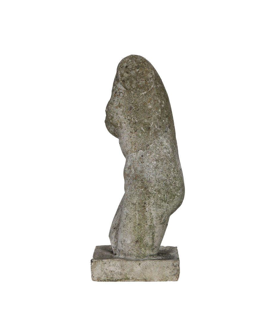 Vintage French oak torso statue, weathered side view, showing natural aging and texture.