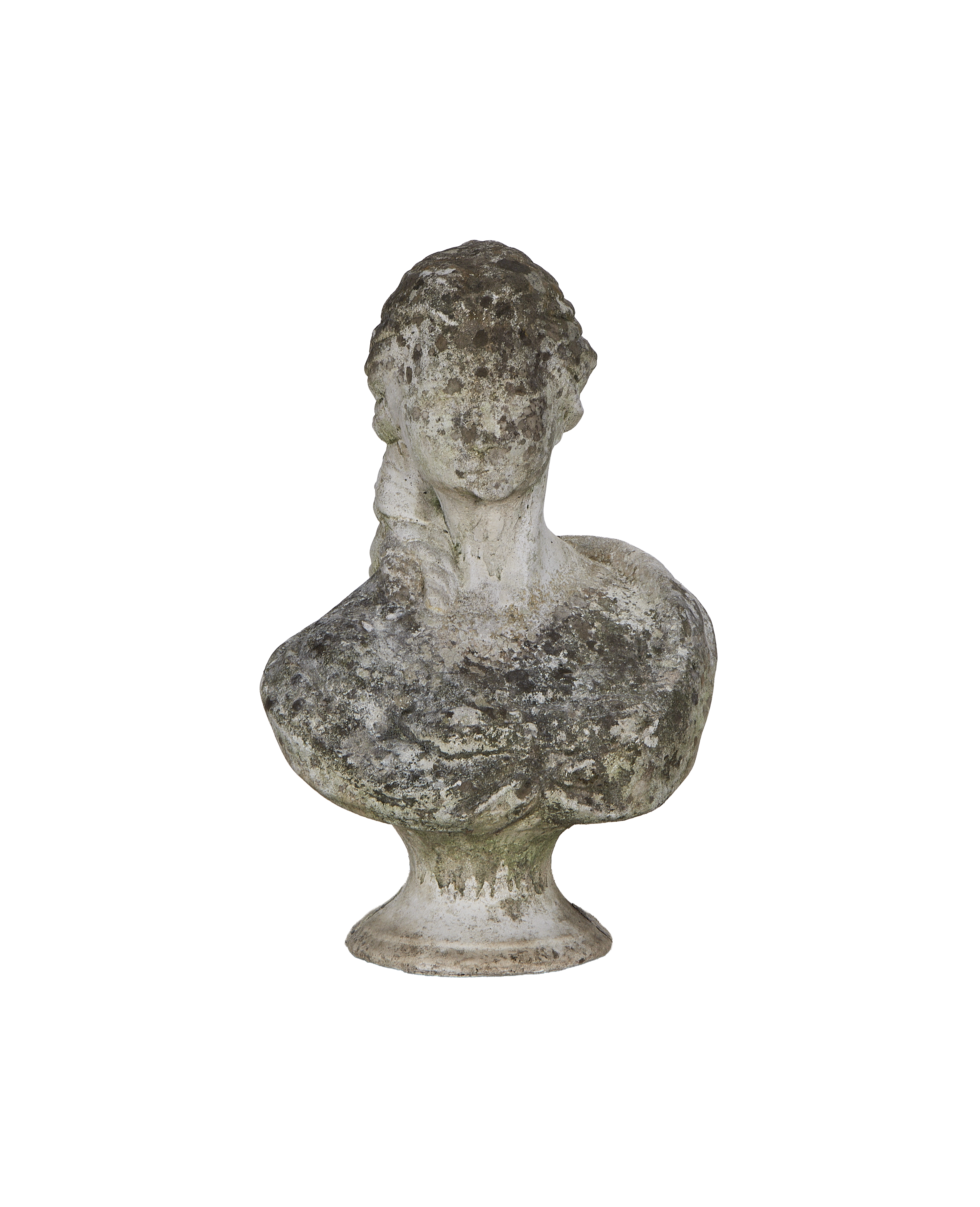 Vintage French stone bust statue, distressed and weathered, with textured patina. #vintage #French #bust #statue #garden #decor
