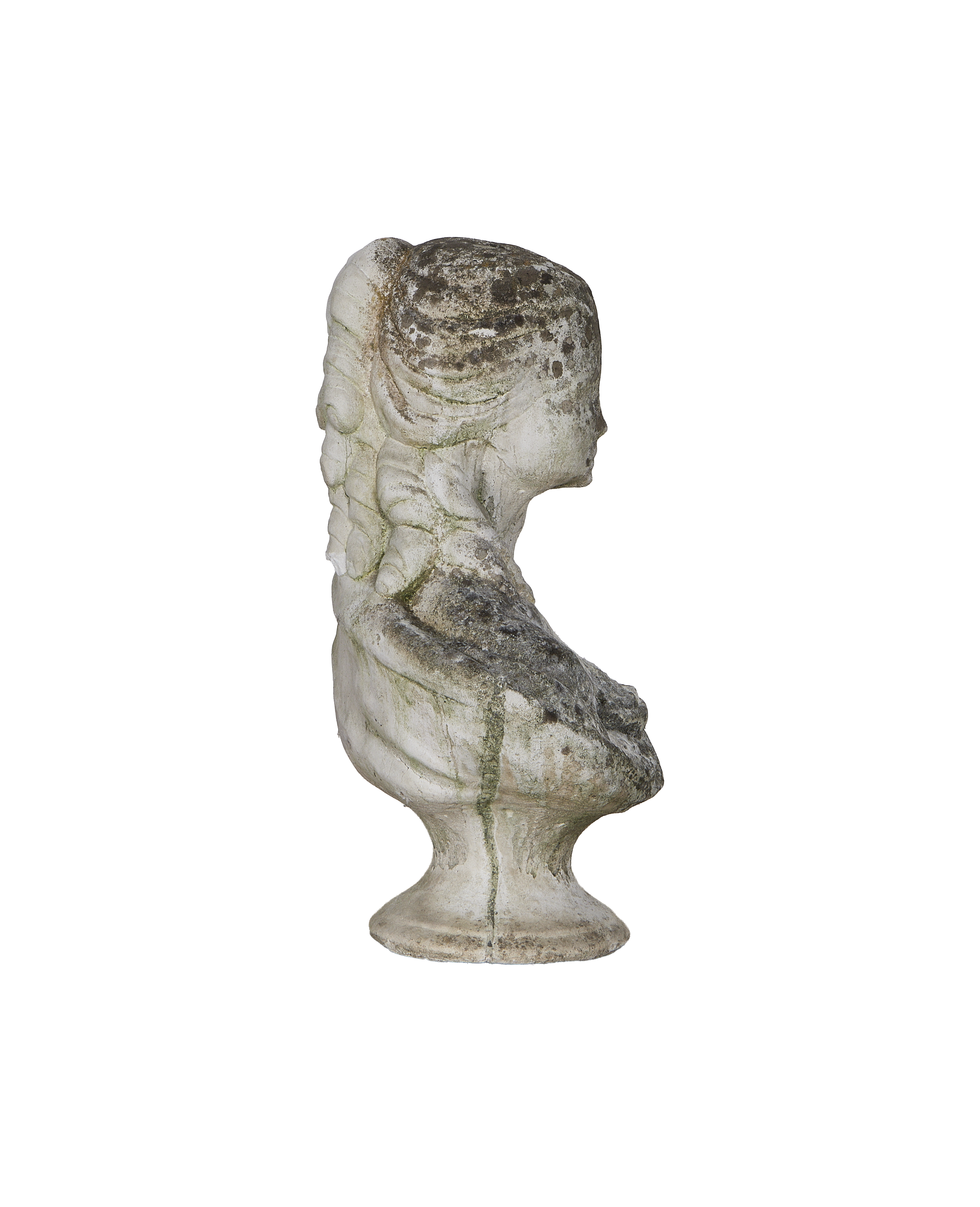Vintage French female bust statue, white oak, right profile showing weathered texture.