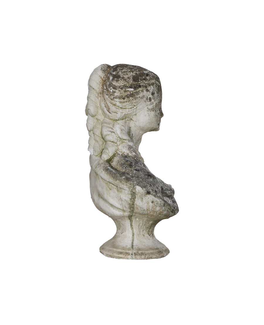 Vintage French female bust statue, white oak, right profile showing weathered texture.