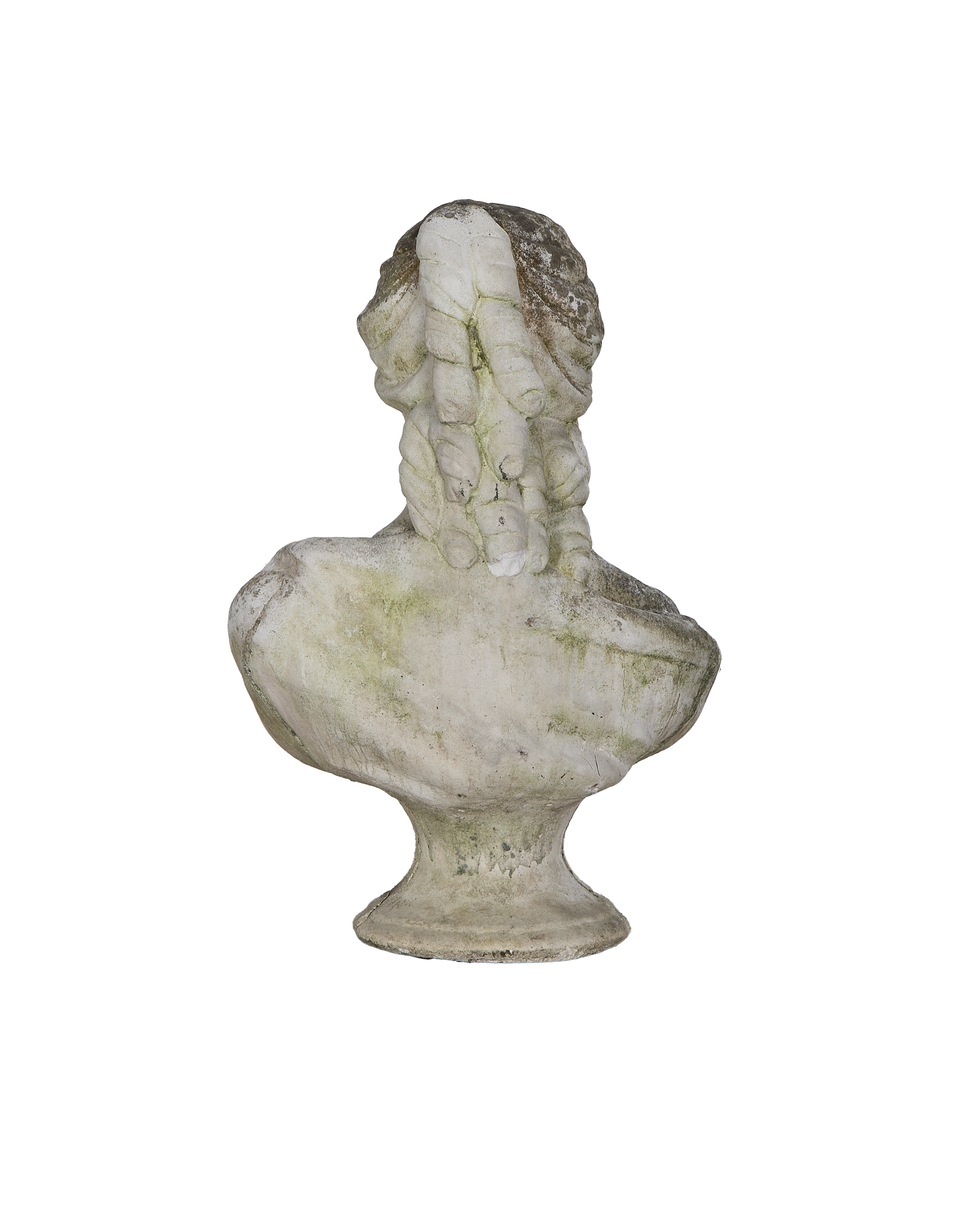 Vintage French oak bust statue, weathered rear view showing detailed wig and patina.