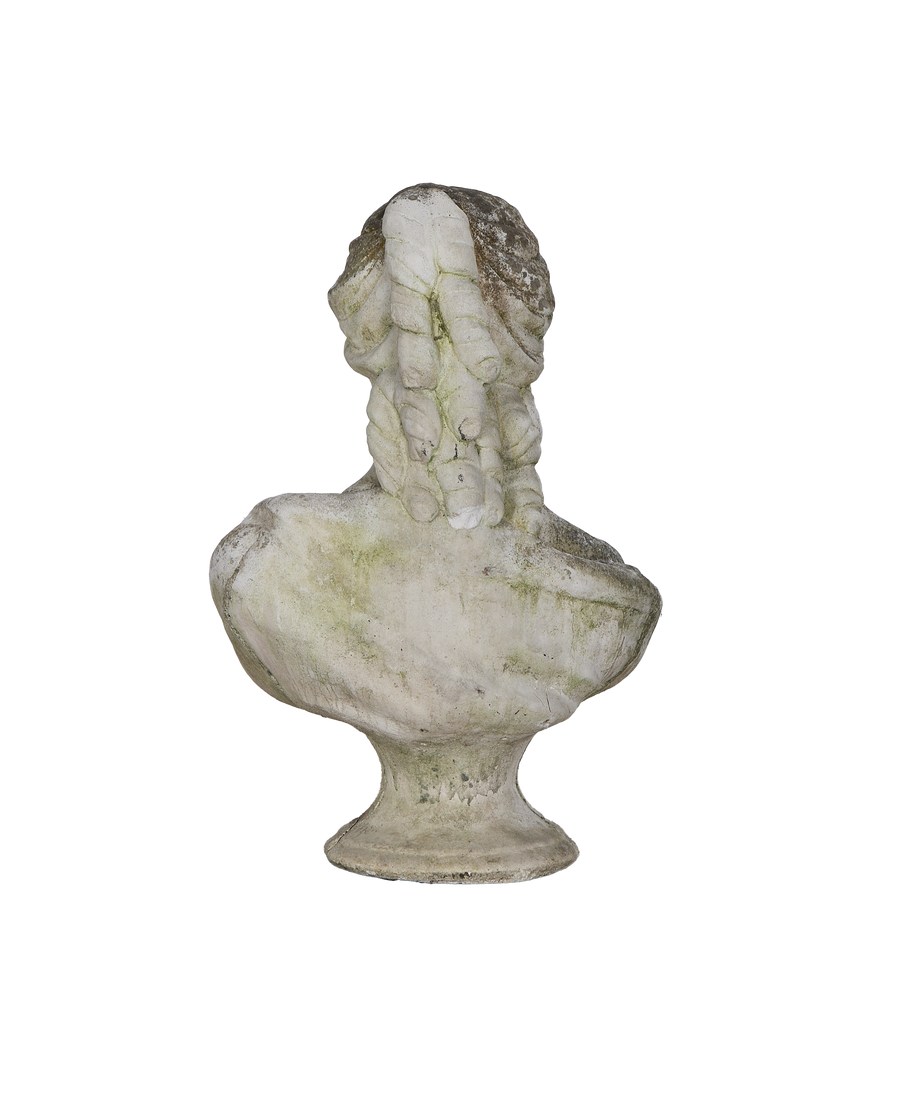Vintage French oak bust statue, weathered rear view showing detailed wig and patina.