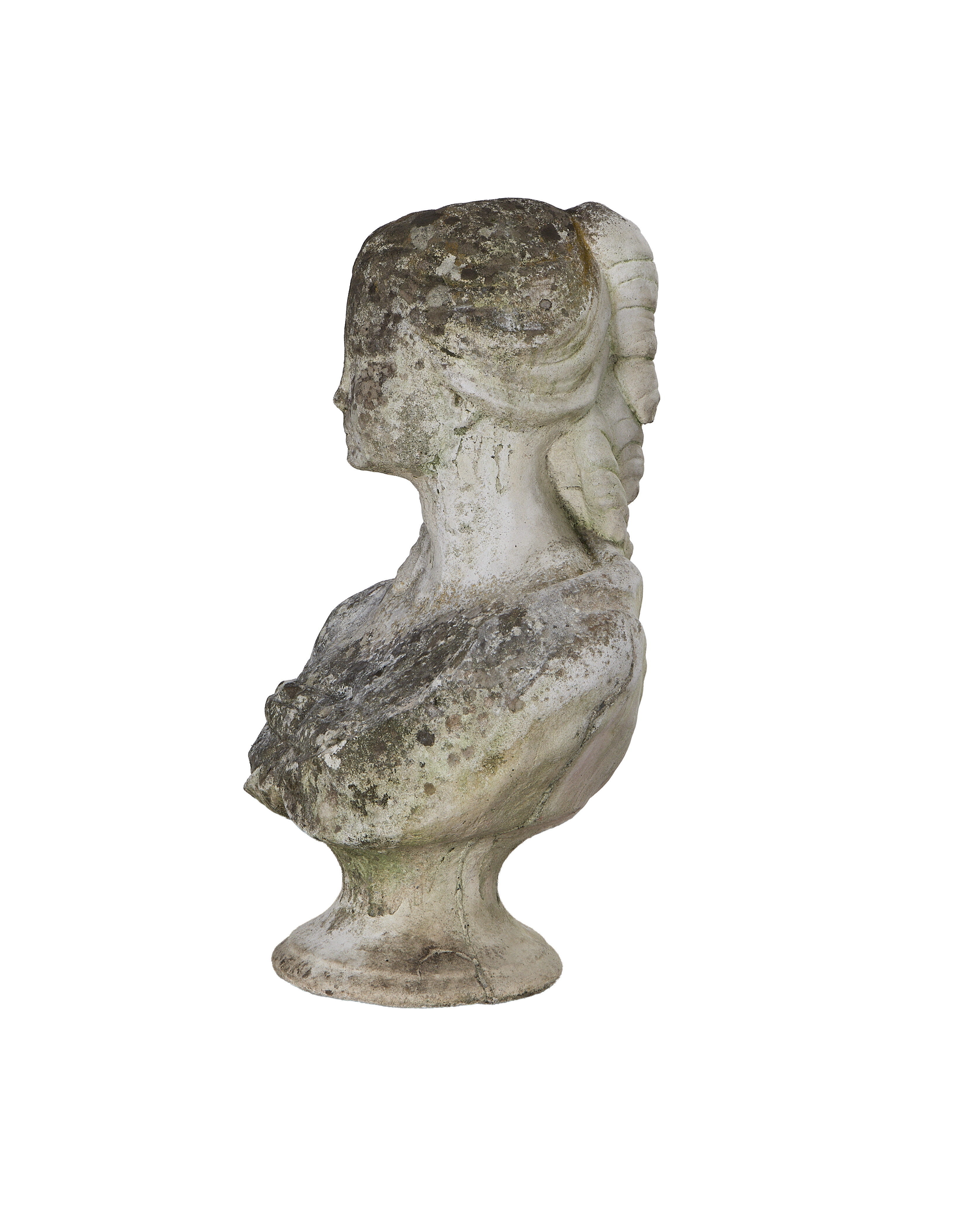 Vintage French oak bust statue, weathered finish, side profile showcasing intricate hair detail.