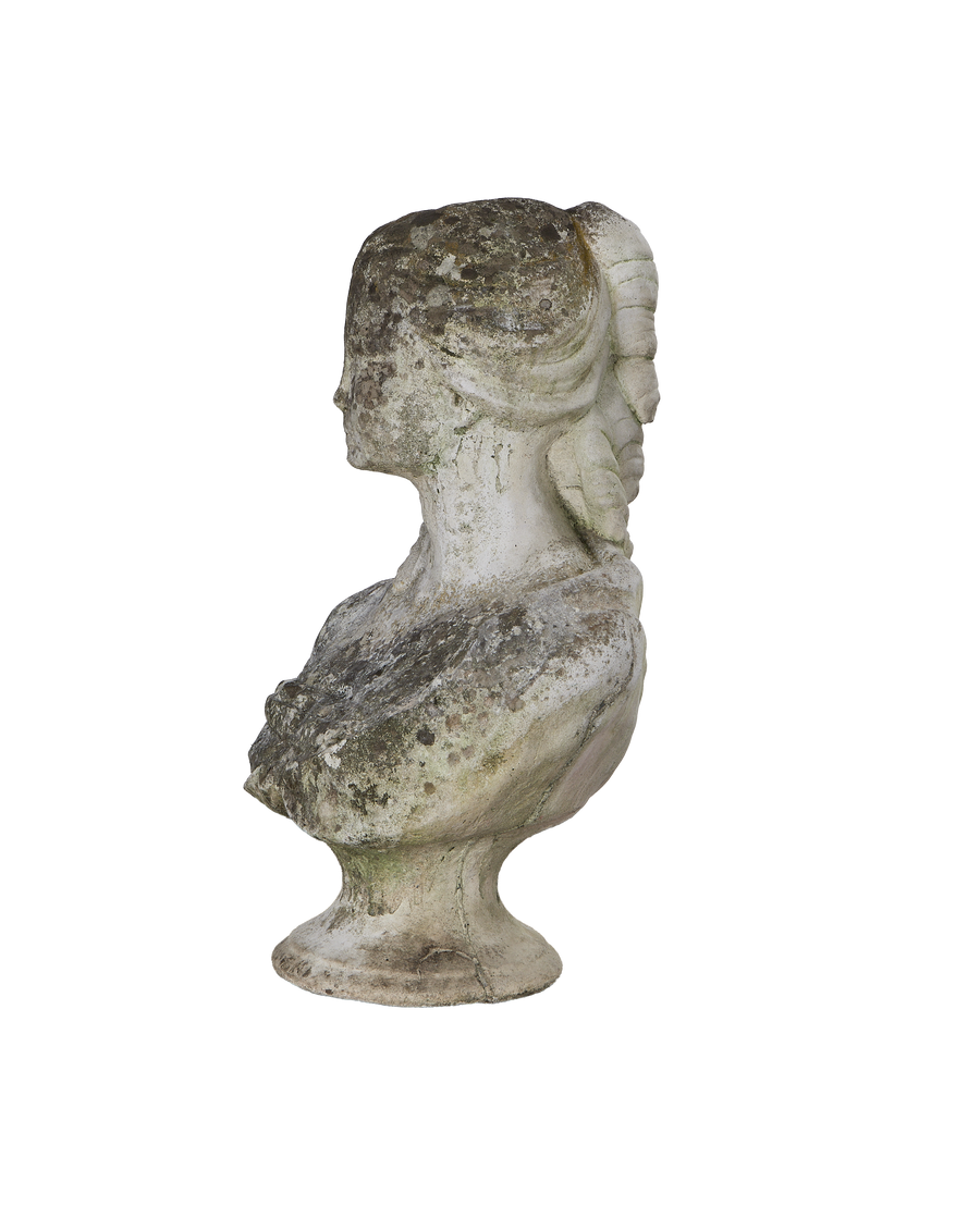 Vintage French oak bust statue, weathered finish, side profile showcasing intricate hair detail.
