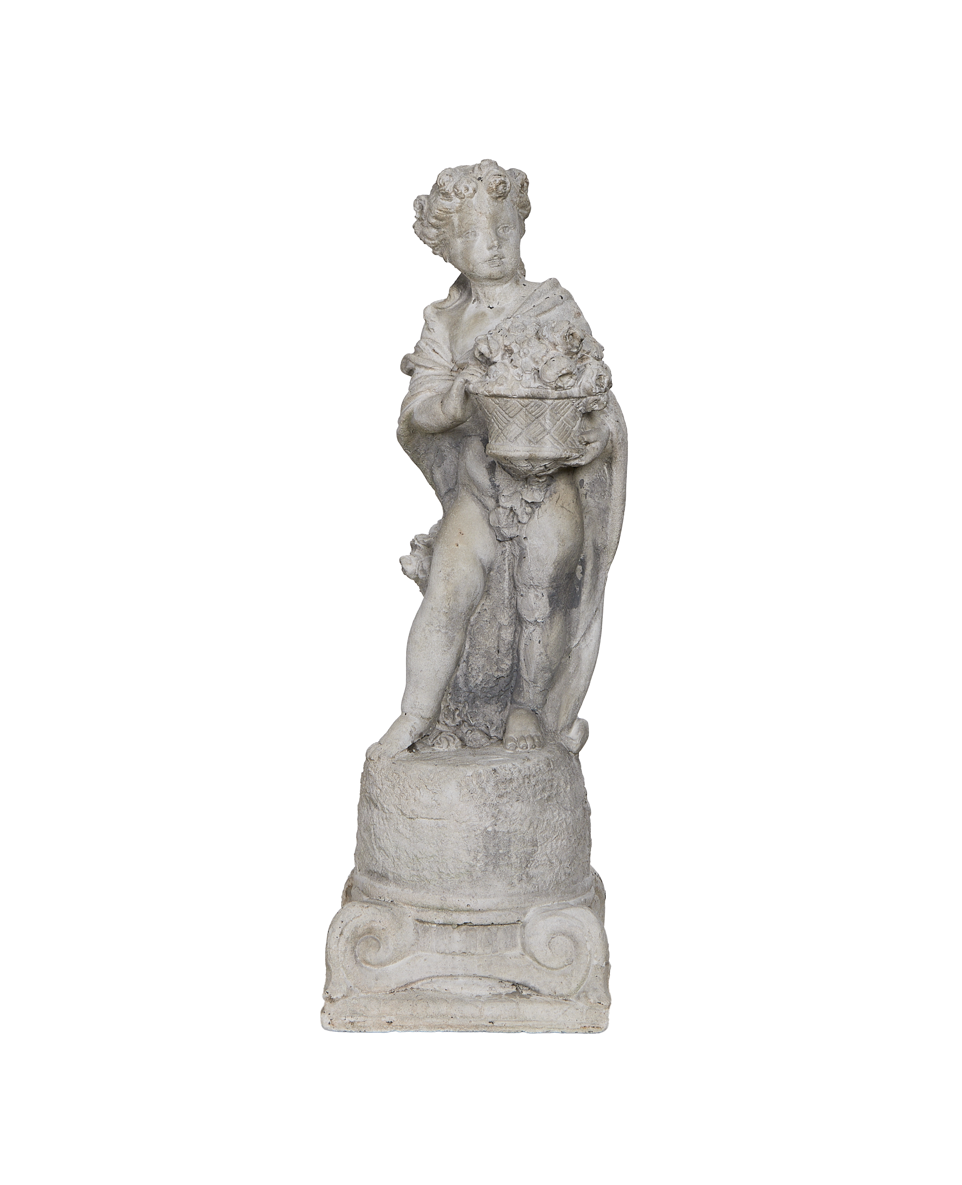 Vintage French concrete girl statue with basket of flowers, weathered finish.
