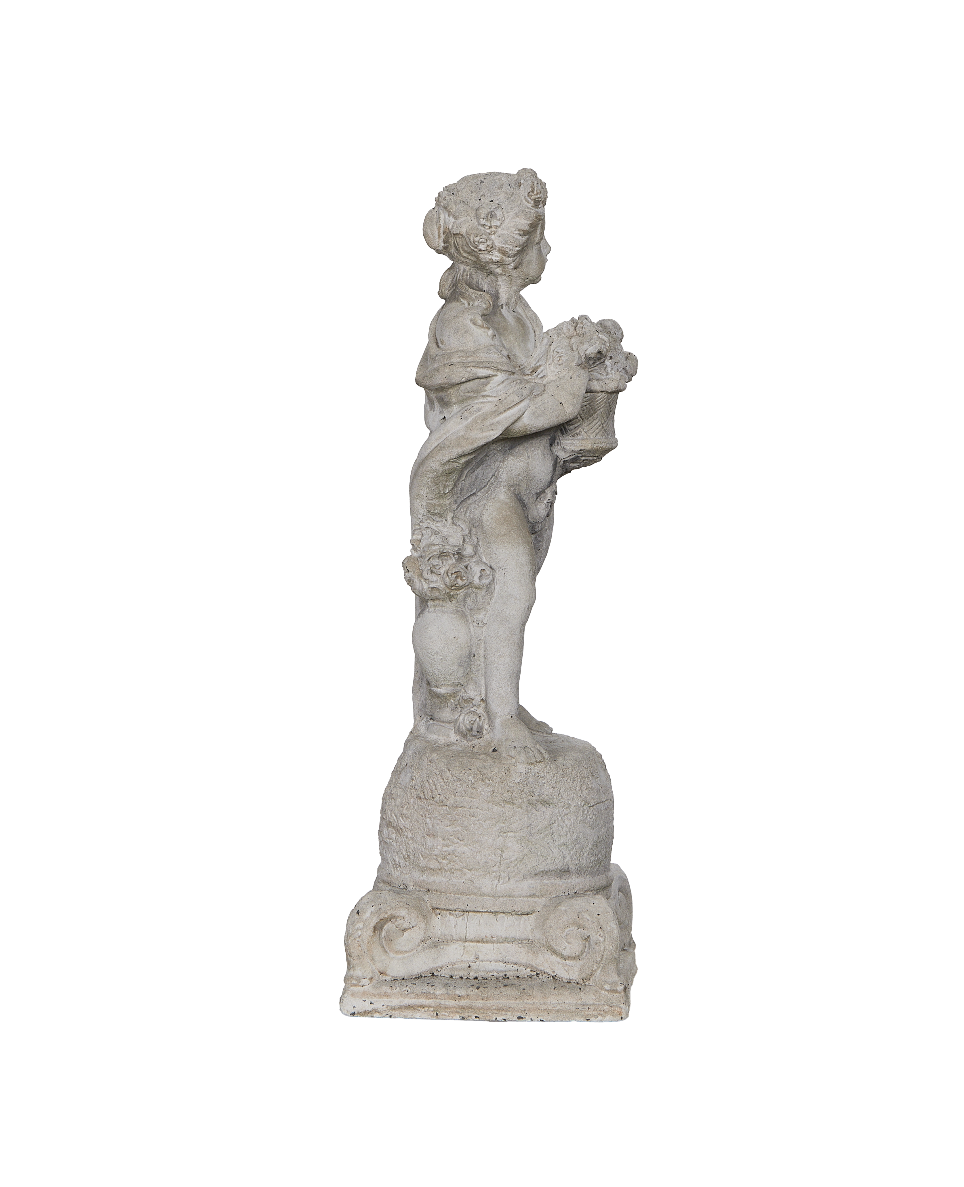 Vintage French girl statue, oak, holding basket of flowers, right profile view.