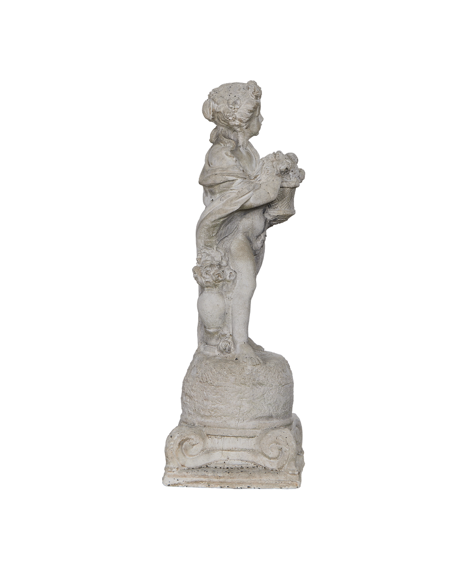 Vintage French girl statue, oak, holding basket of flowers, right profile view.