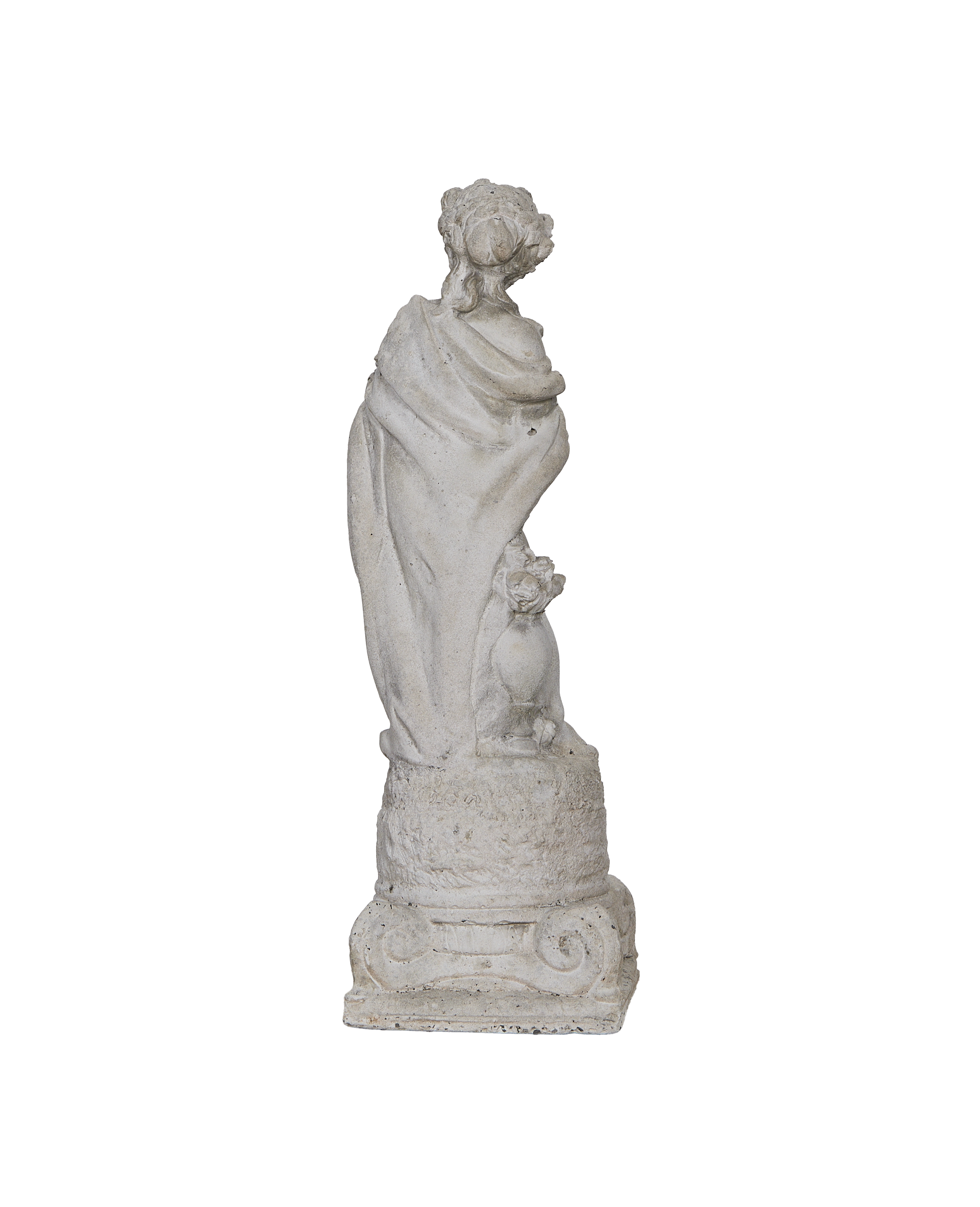 Vintage French girl statue, rear profile, showing draped garment and scrolled pedestal base.