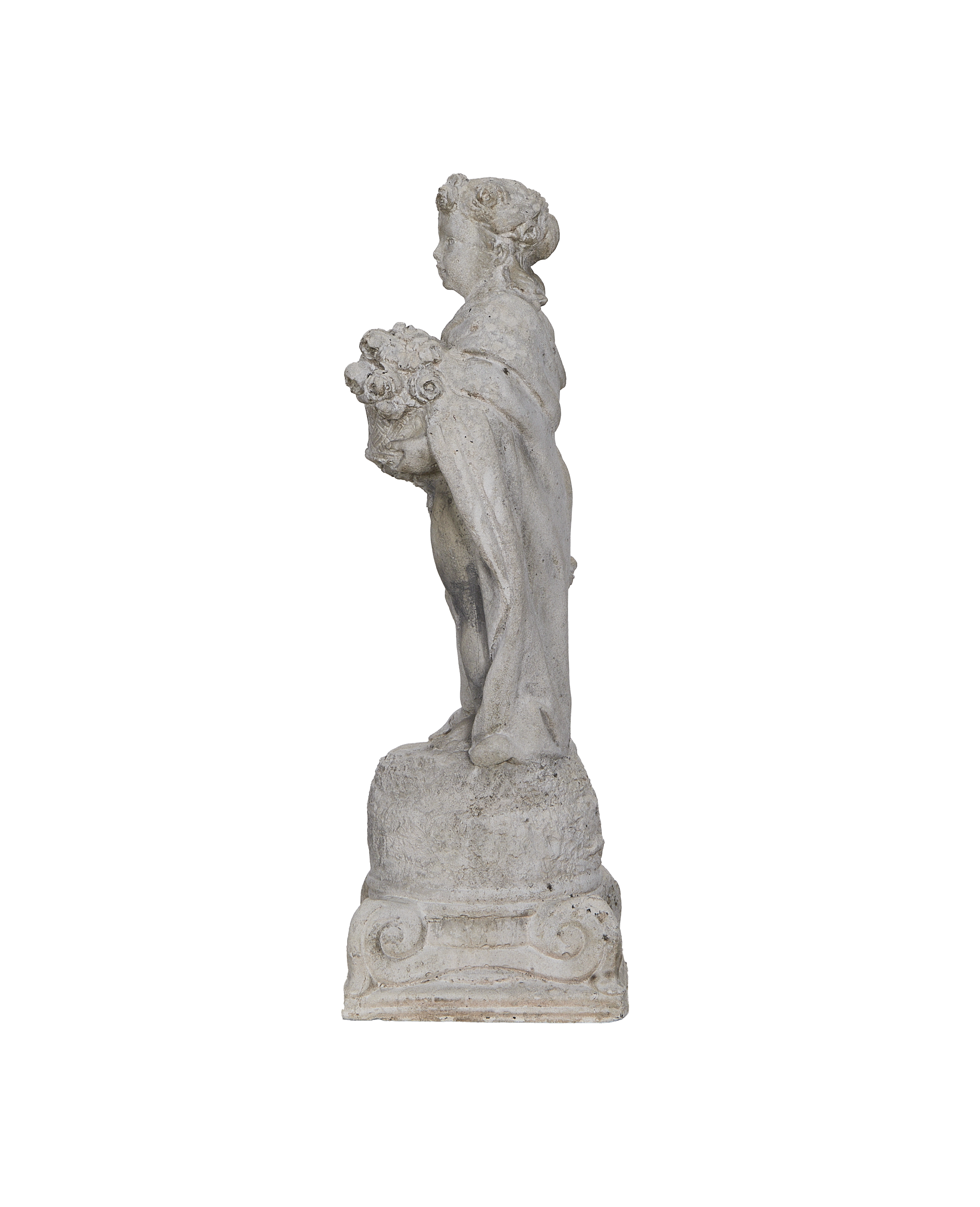 Vintage gray concrete girl statue from France, profile view, showing floral basket.