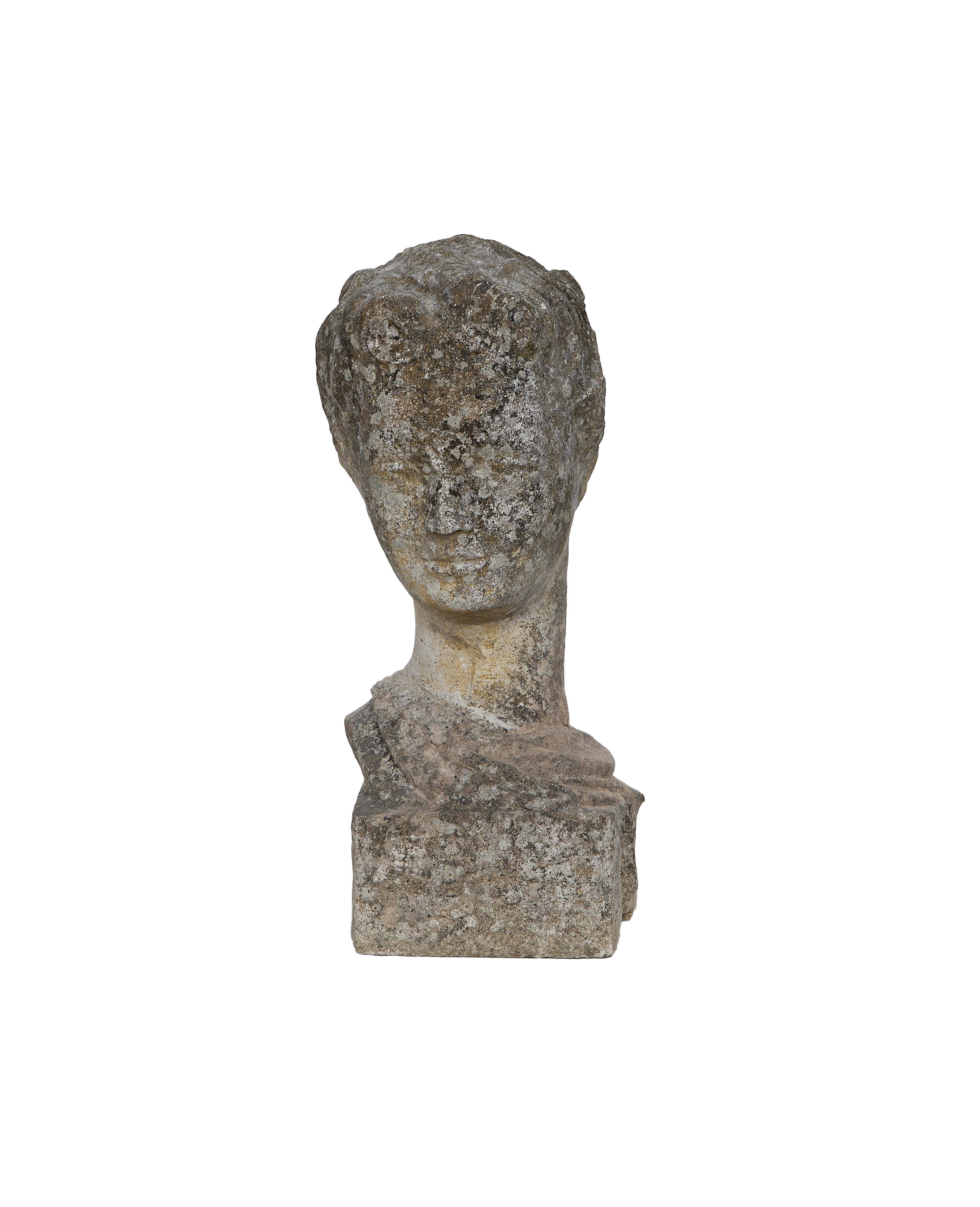 Vintage French weathered stone bust of a woman, showing intricate details and mossy patina.