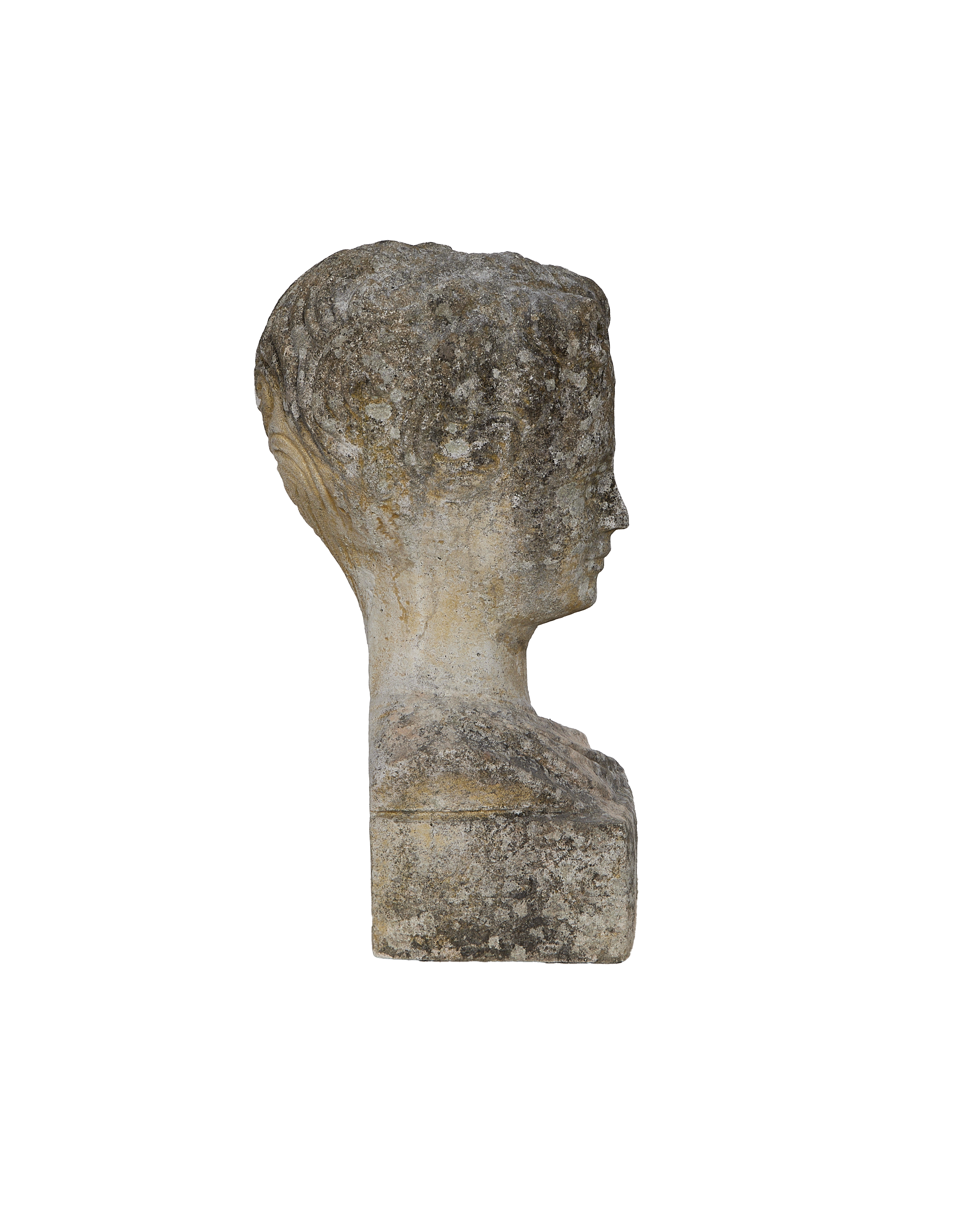 Vintage French oak bust statue, side view showing weathering and textured surface.