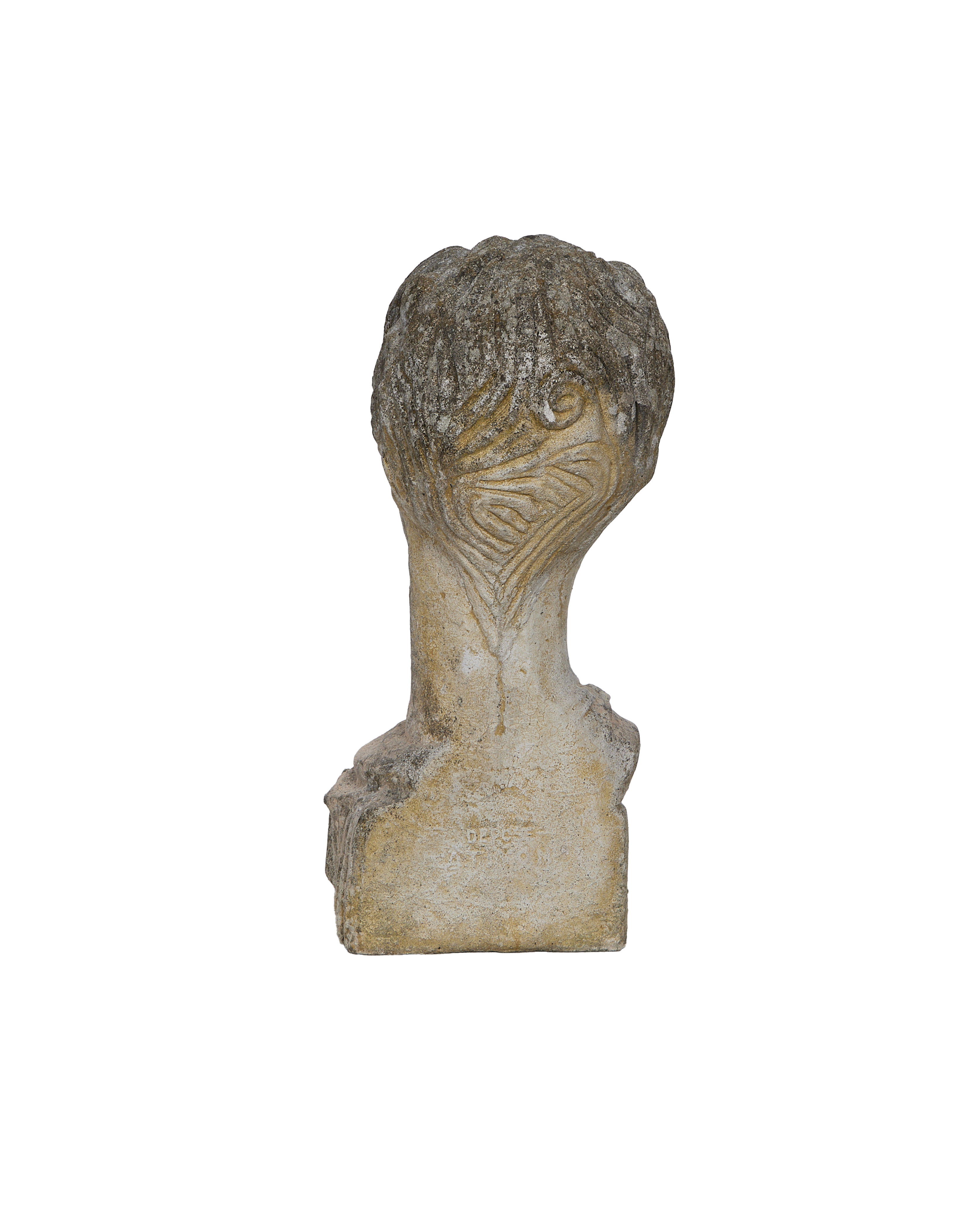 Vintage French oak bust, rear view showing carved hair details and aged texture.