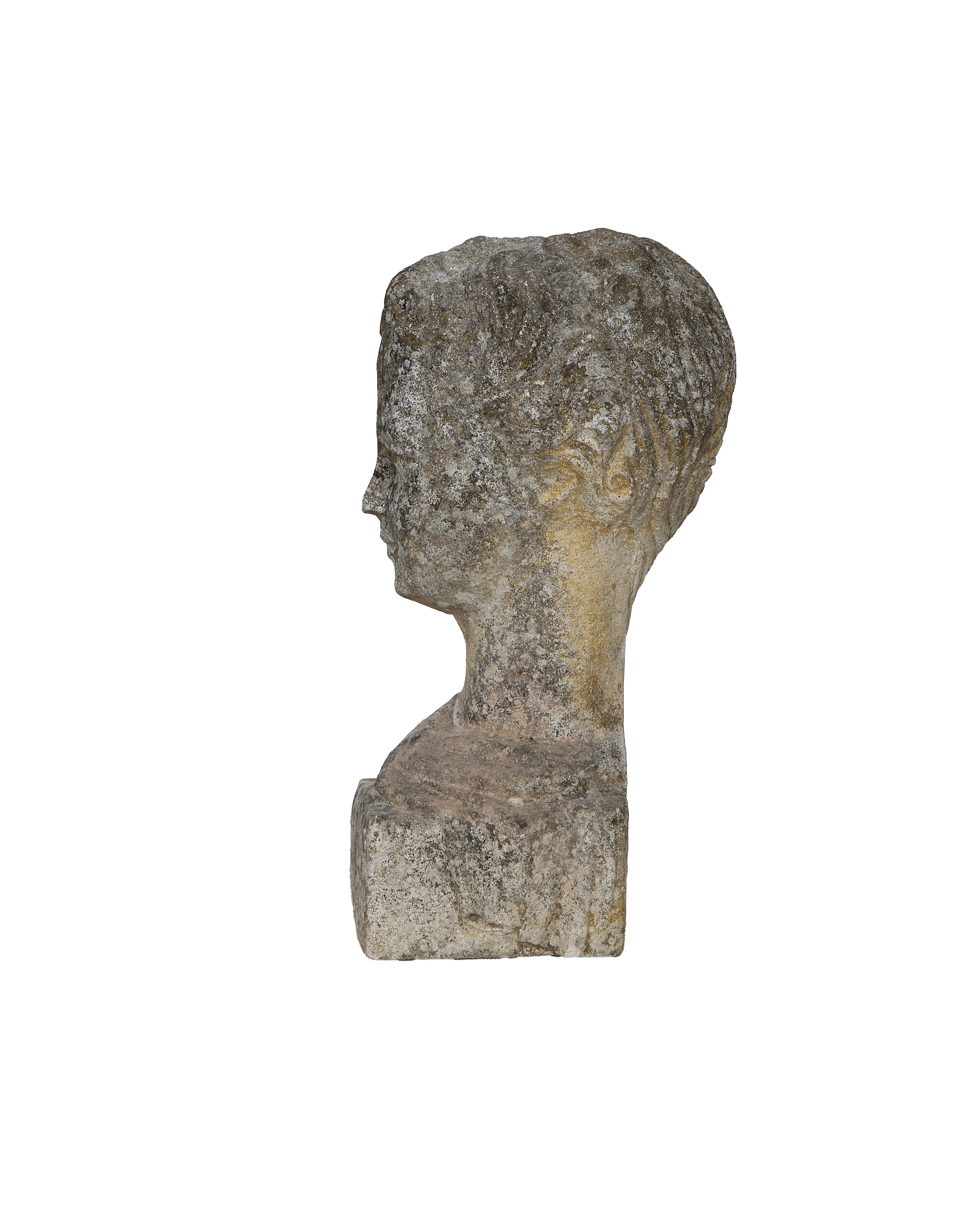 Vintage French OAK bust statue, left profile, showing textured weathered stone.