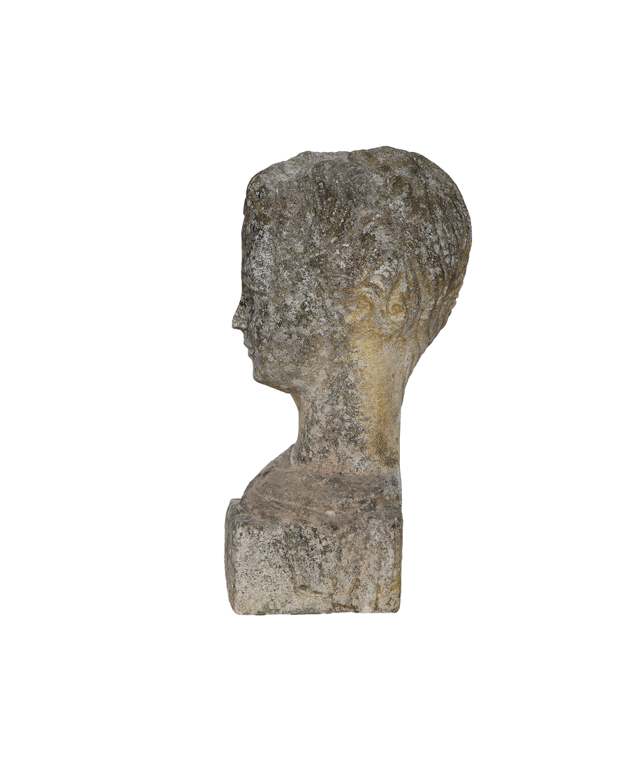 Vintage French OAK bust statue, left profile, showing textured weathered stone.