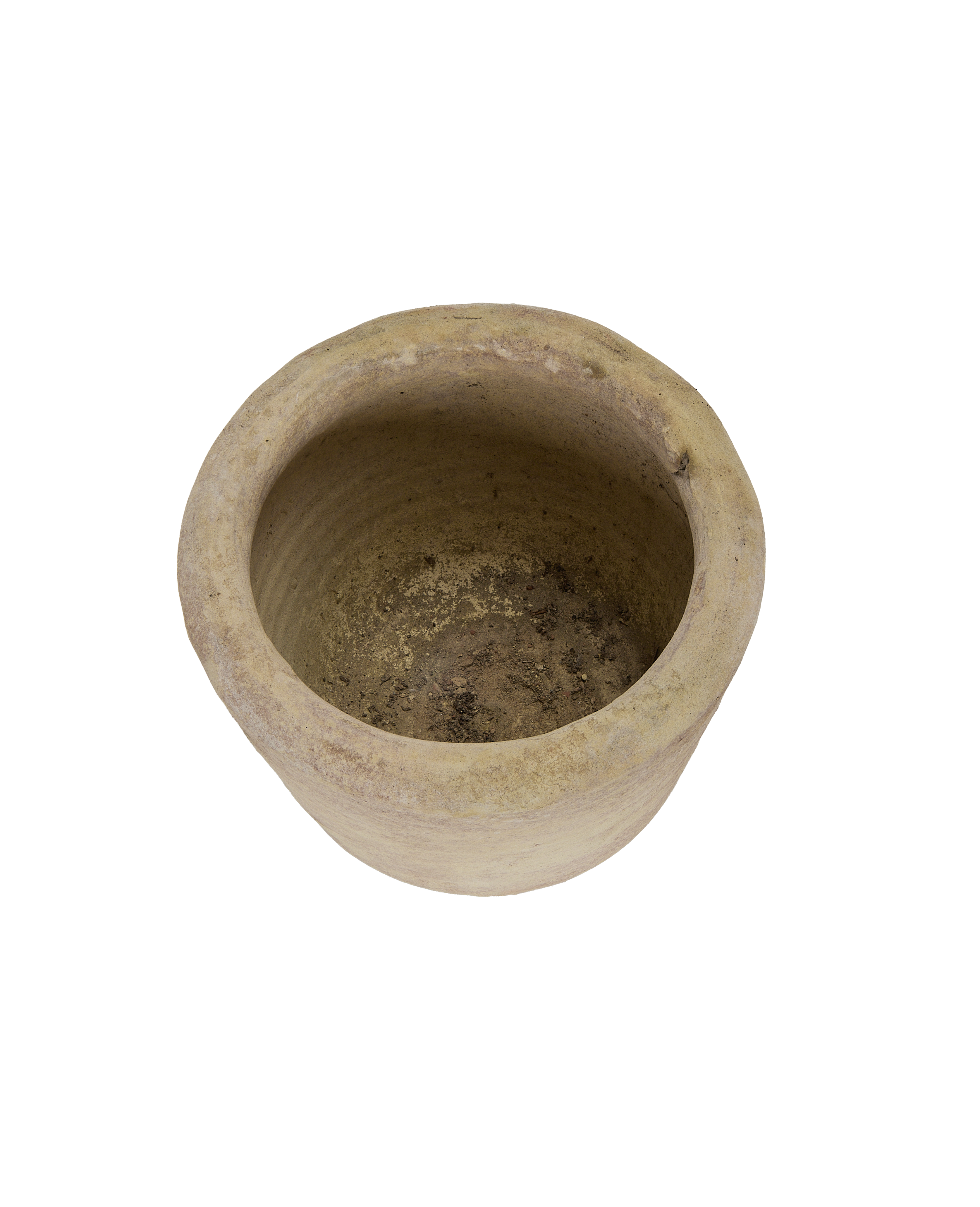 Vintage French Orangerie pot, top-down view showing interior earthware with textured soil residue.