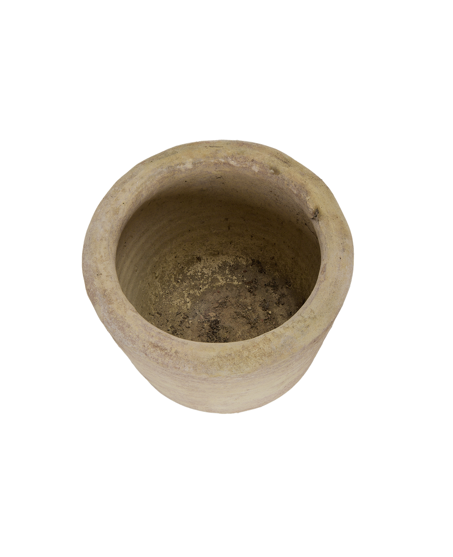 Vintage French Orangerie pot, top-down view showing interior earthware with textured soil residue.