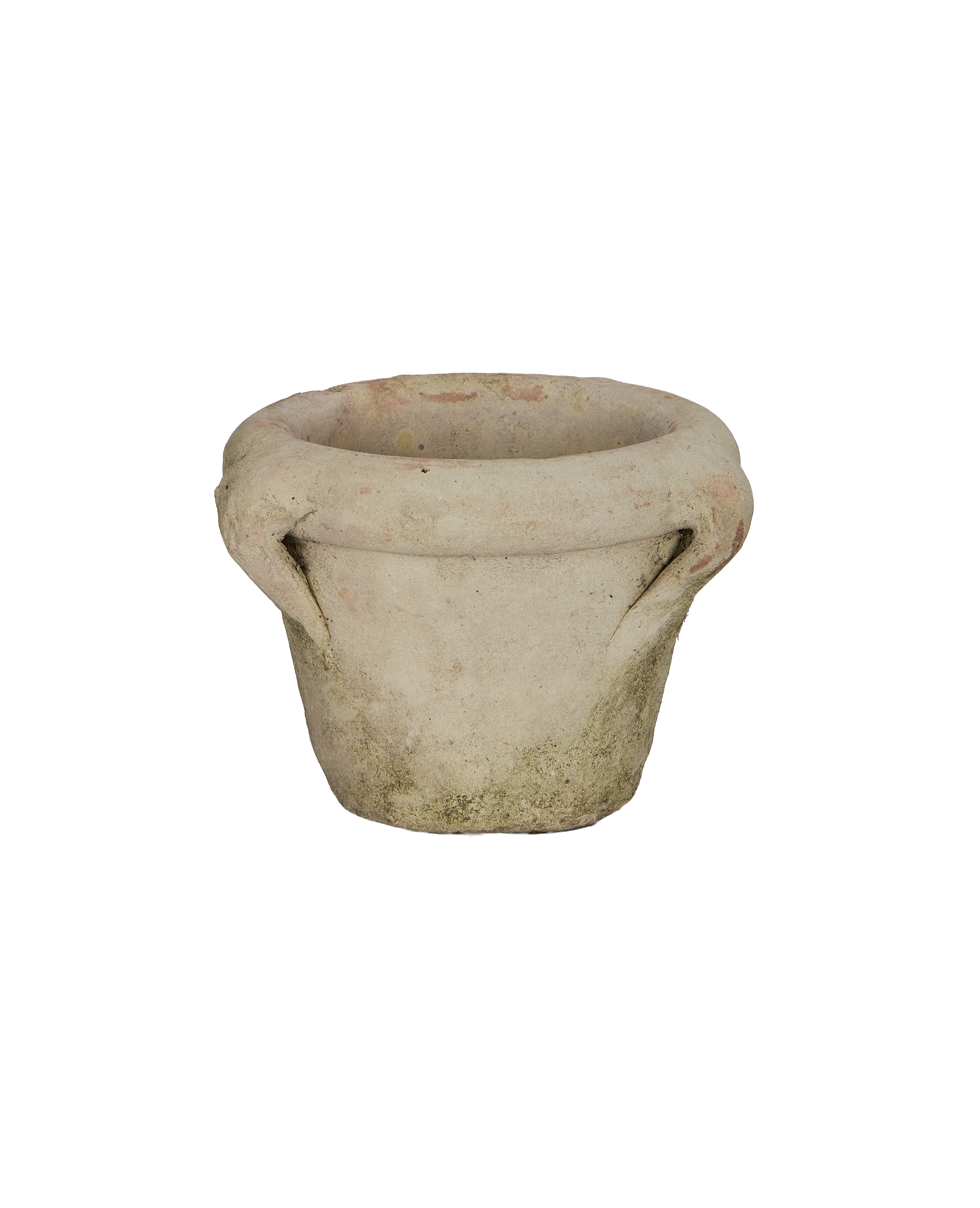 Vintage French Orangerie pot, weathered terracotta with handles, showing green moss and light wear.