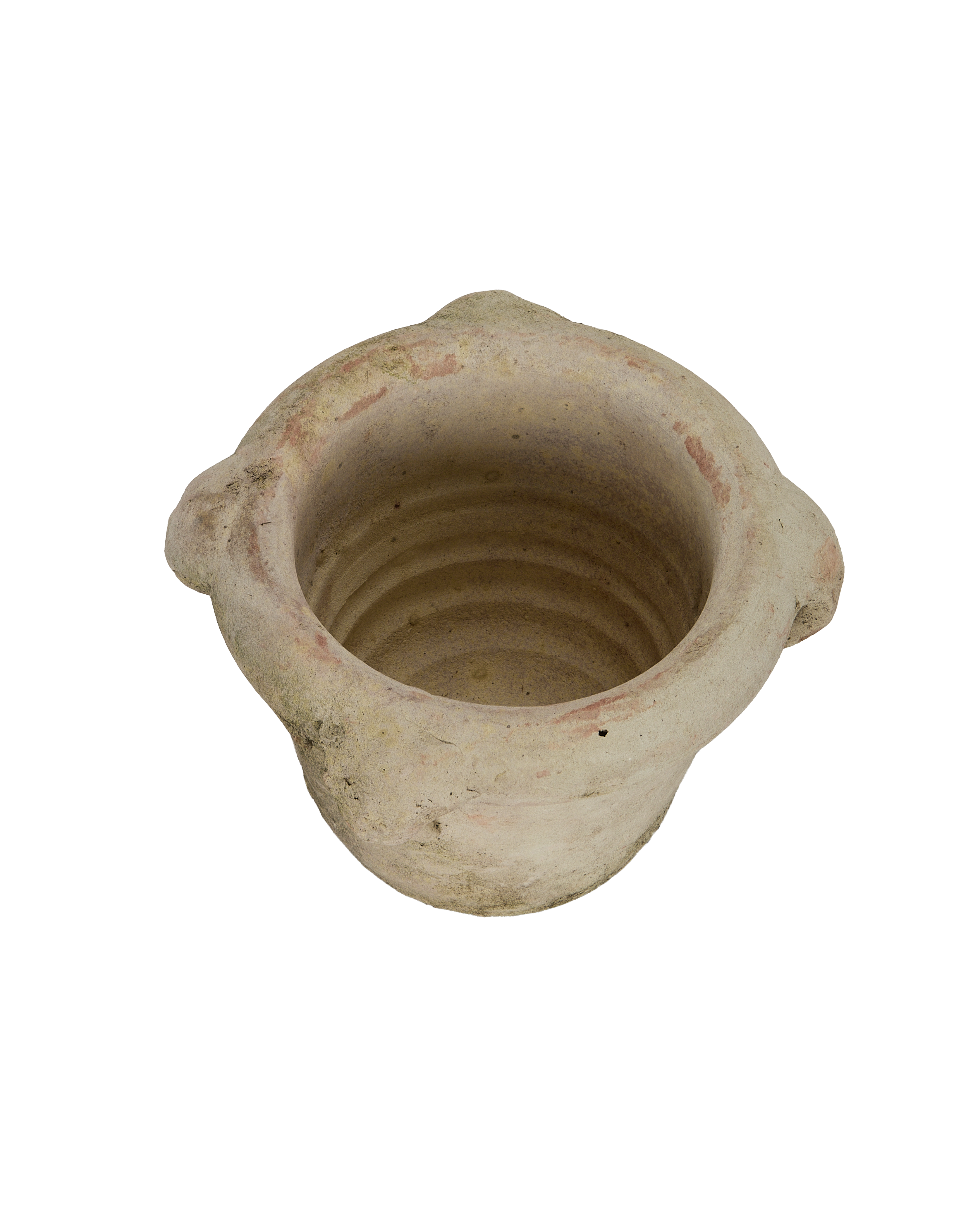 Vintage French orangerie pot, top-down view showing interior rings and weathered texture.