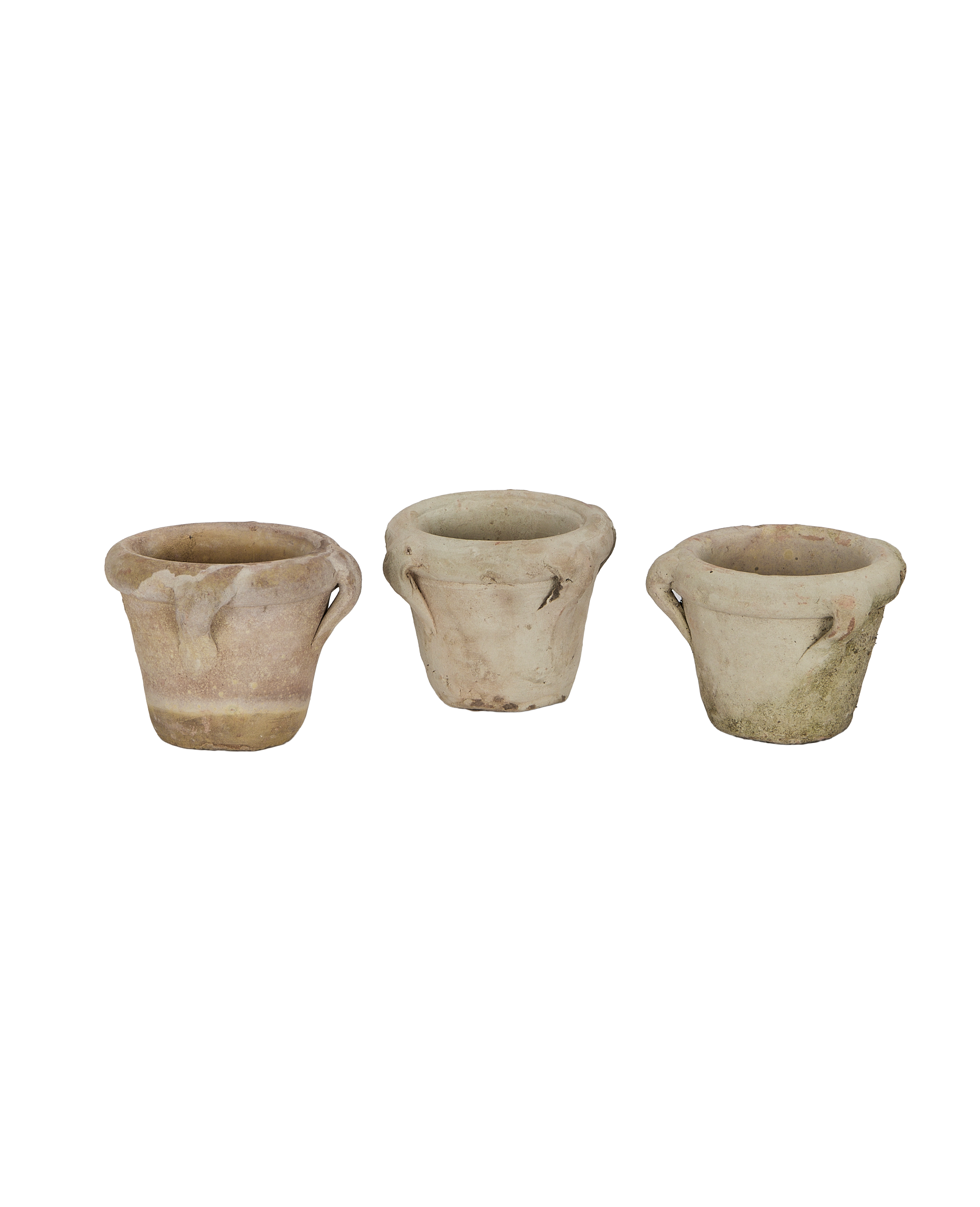 Three vintage French Orangerie handle pots, showing weathered patinas and varied textures.
