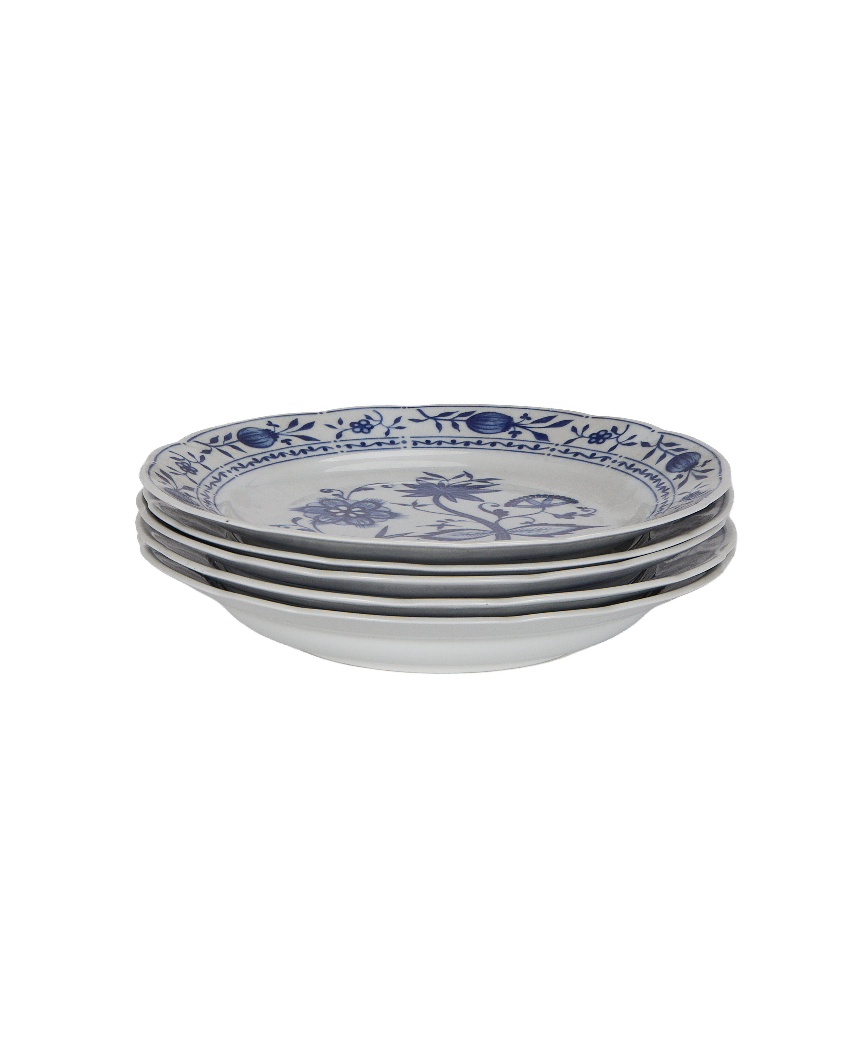 Stack of four vintage French blue floral porcelain plates, showing depth.