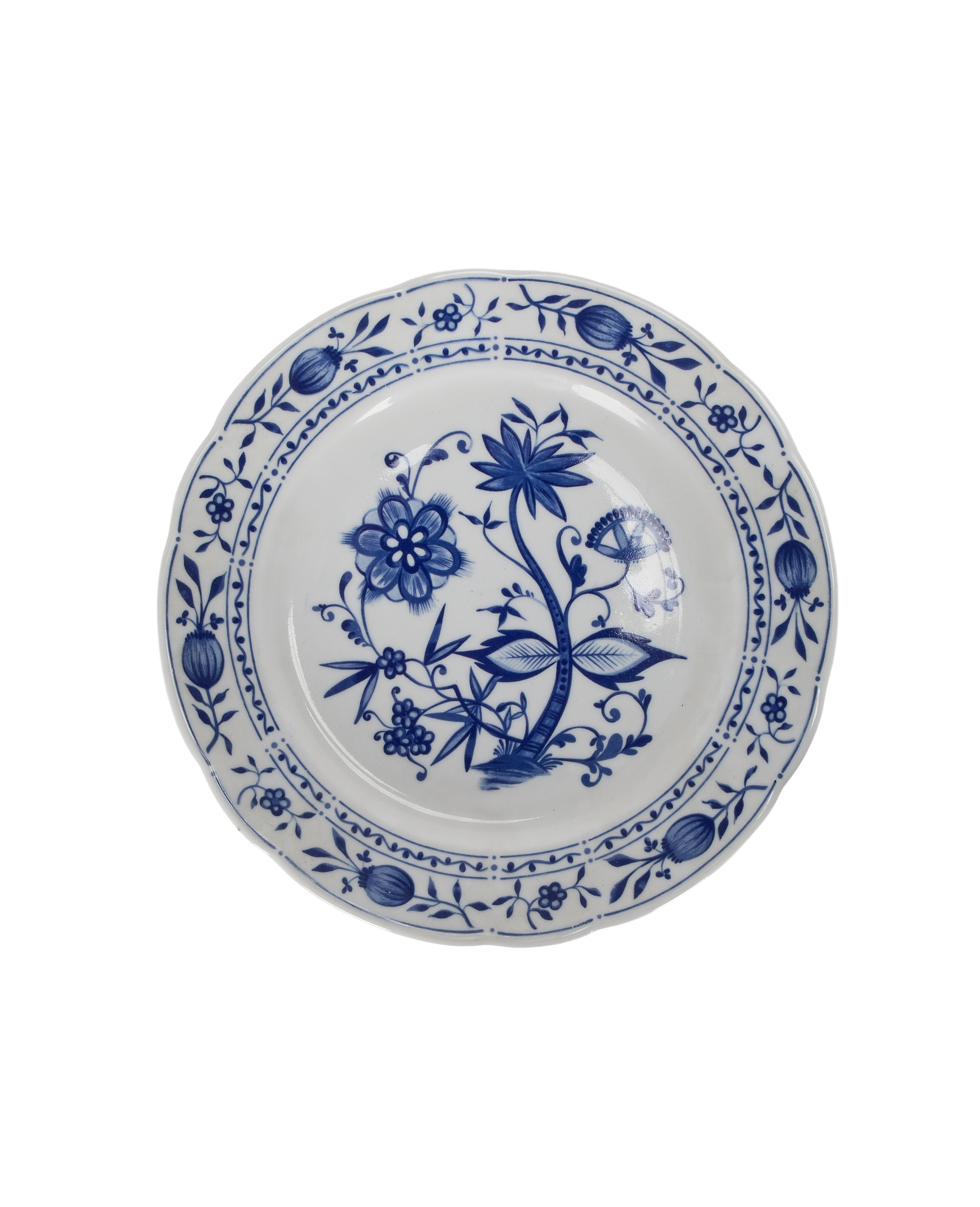 Vintage French blue and white floral porcelain dinner plate, scalloped rim.