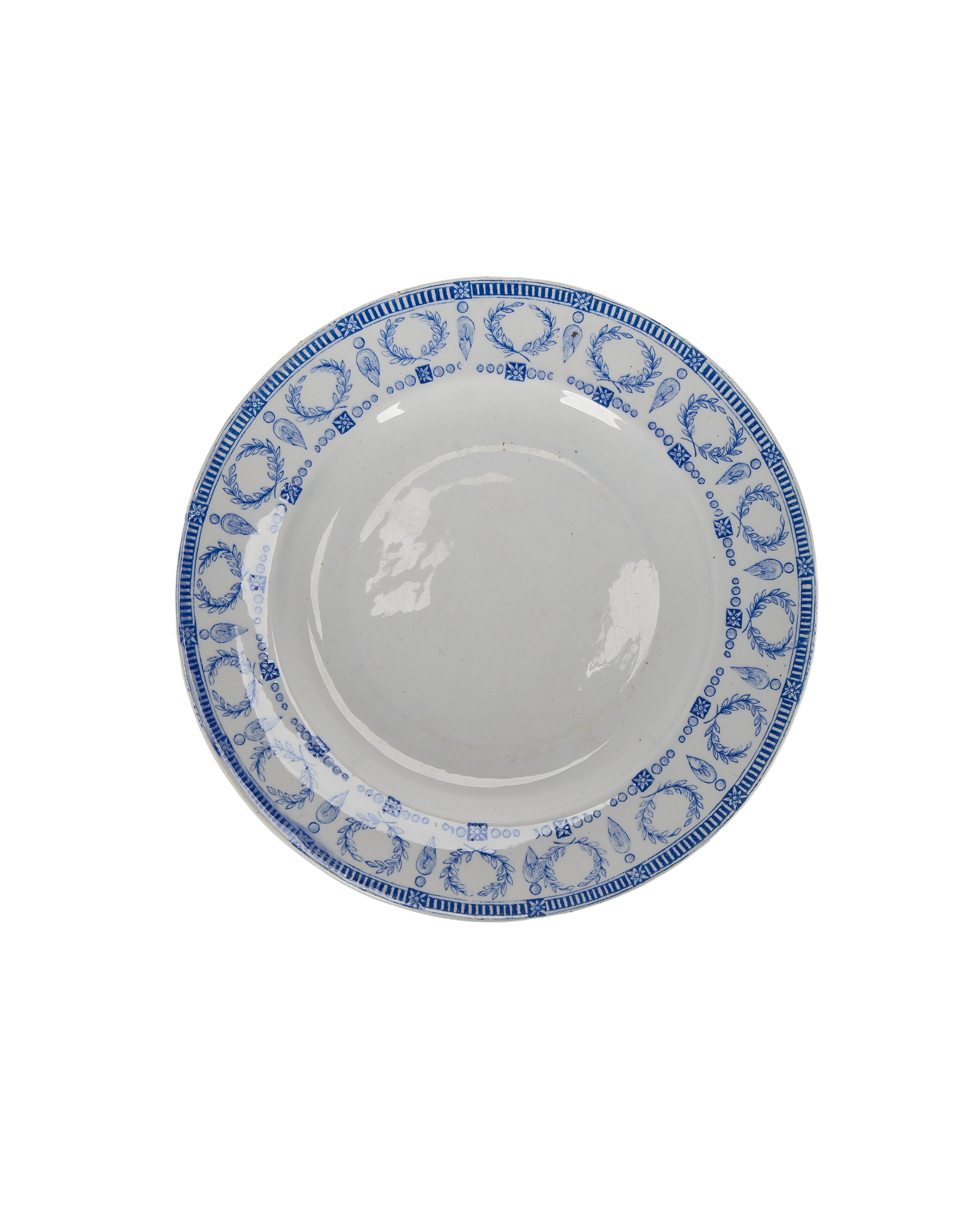 Vintage French ceramic plate, blue Greek key and laurel wreath border.
