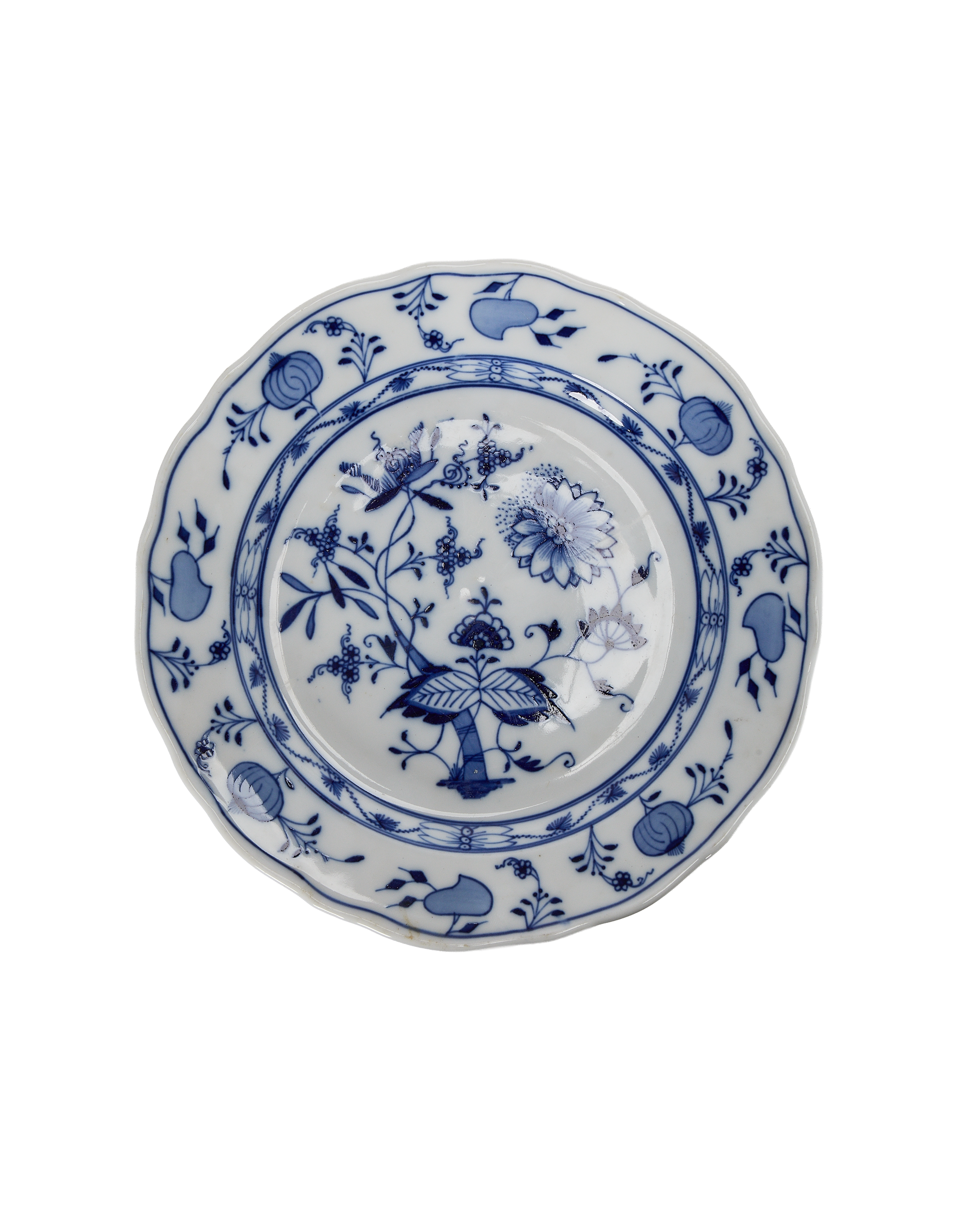 Vintage French Onion Plate, blue and white porcelain with intricate floral pattern.