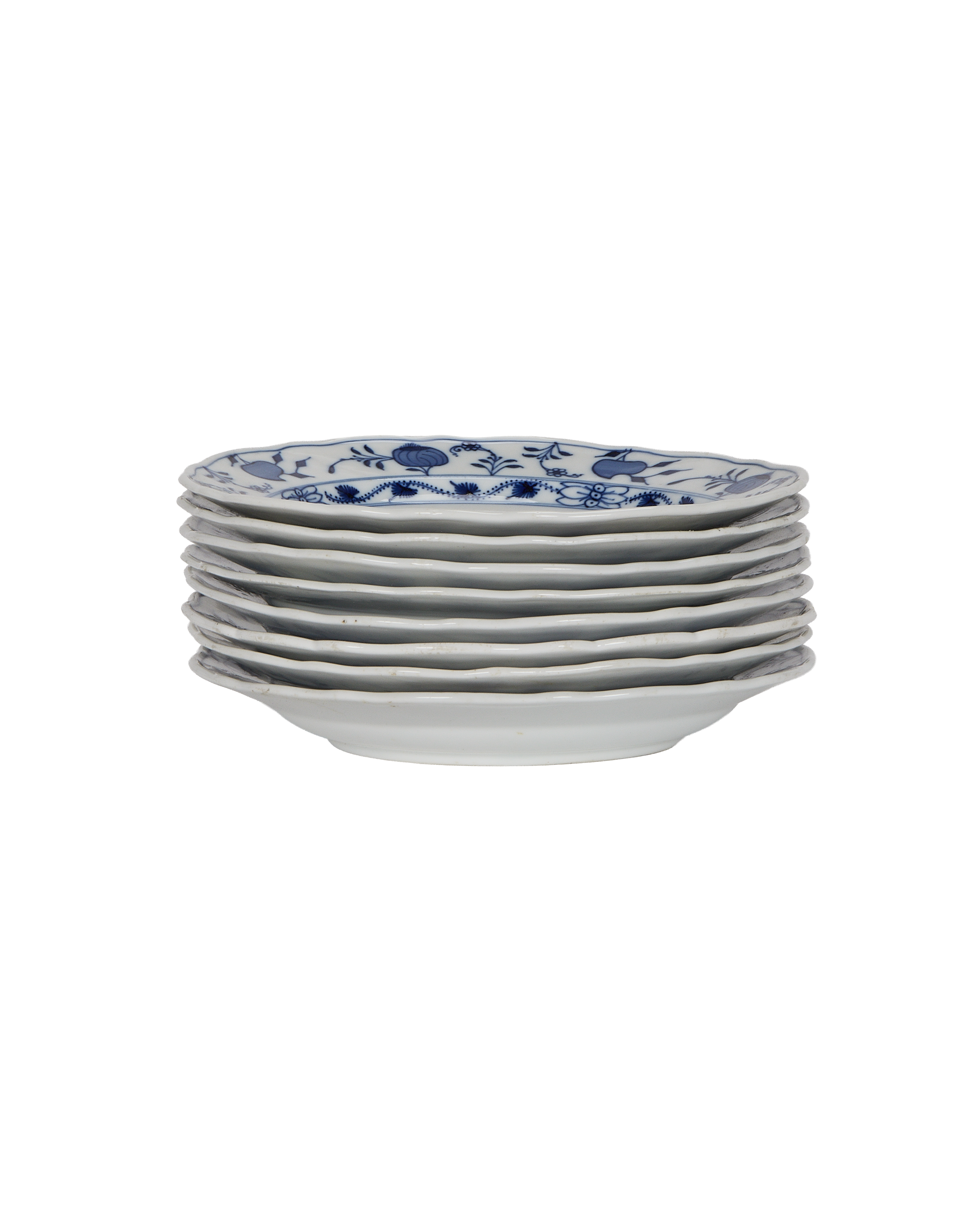 Stacked vintage French Onion Plates in bulk, showing blue floral pattern detail.