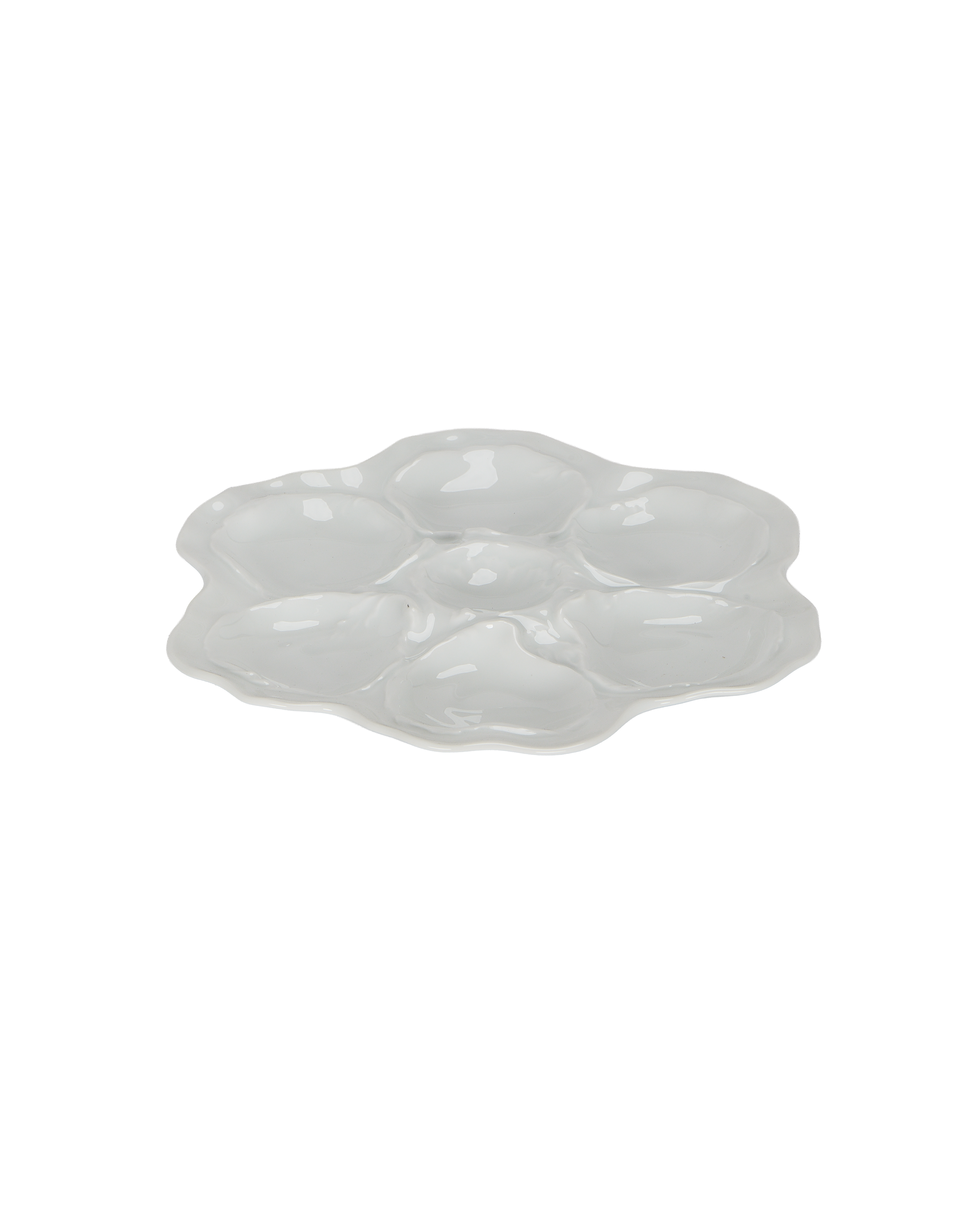 Vintage Limoges oyster plate, white ceramic, top-down view showing six wells.