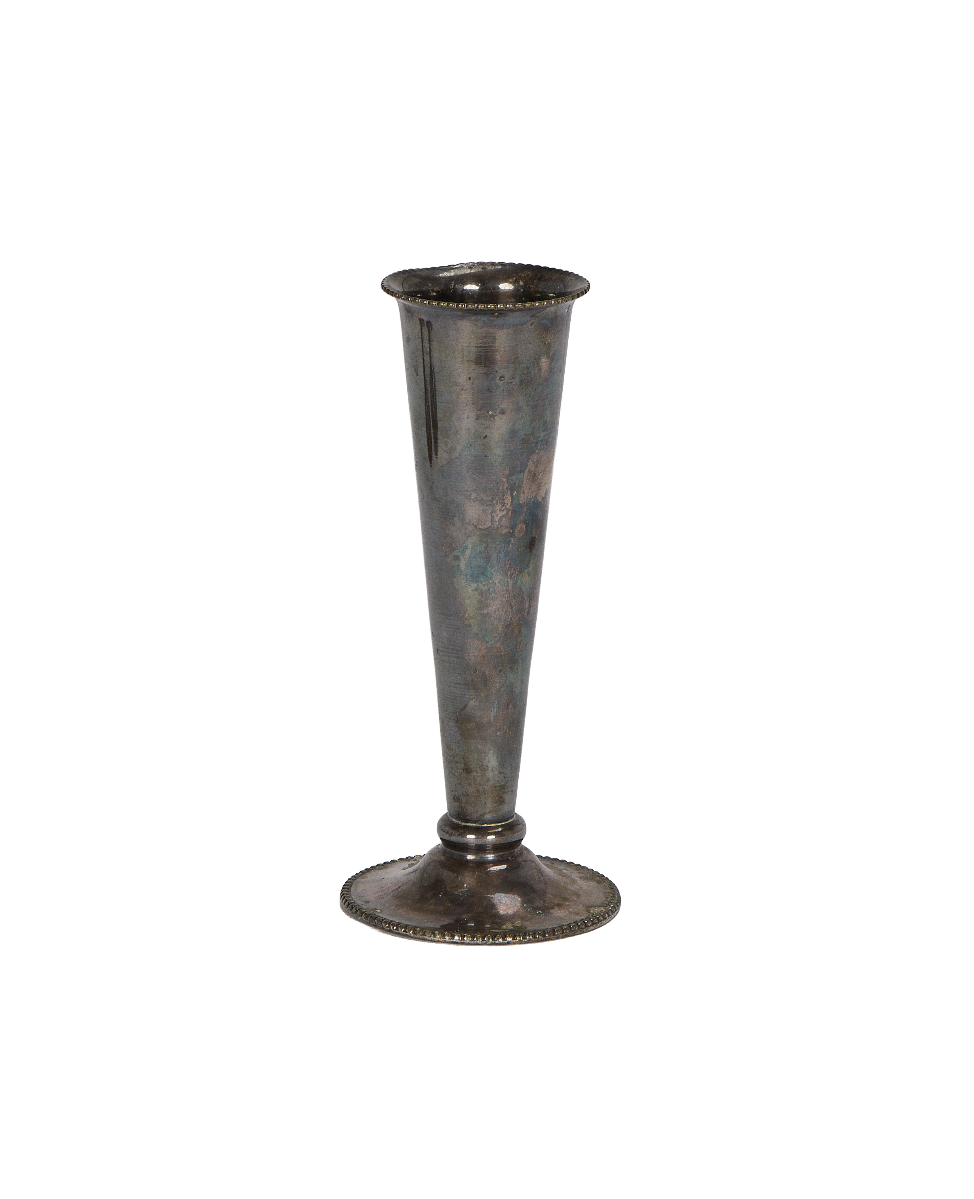 Vintage French Art Deco pewter bud vase, fluted with beaded trim, visible patina.