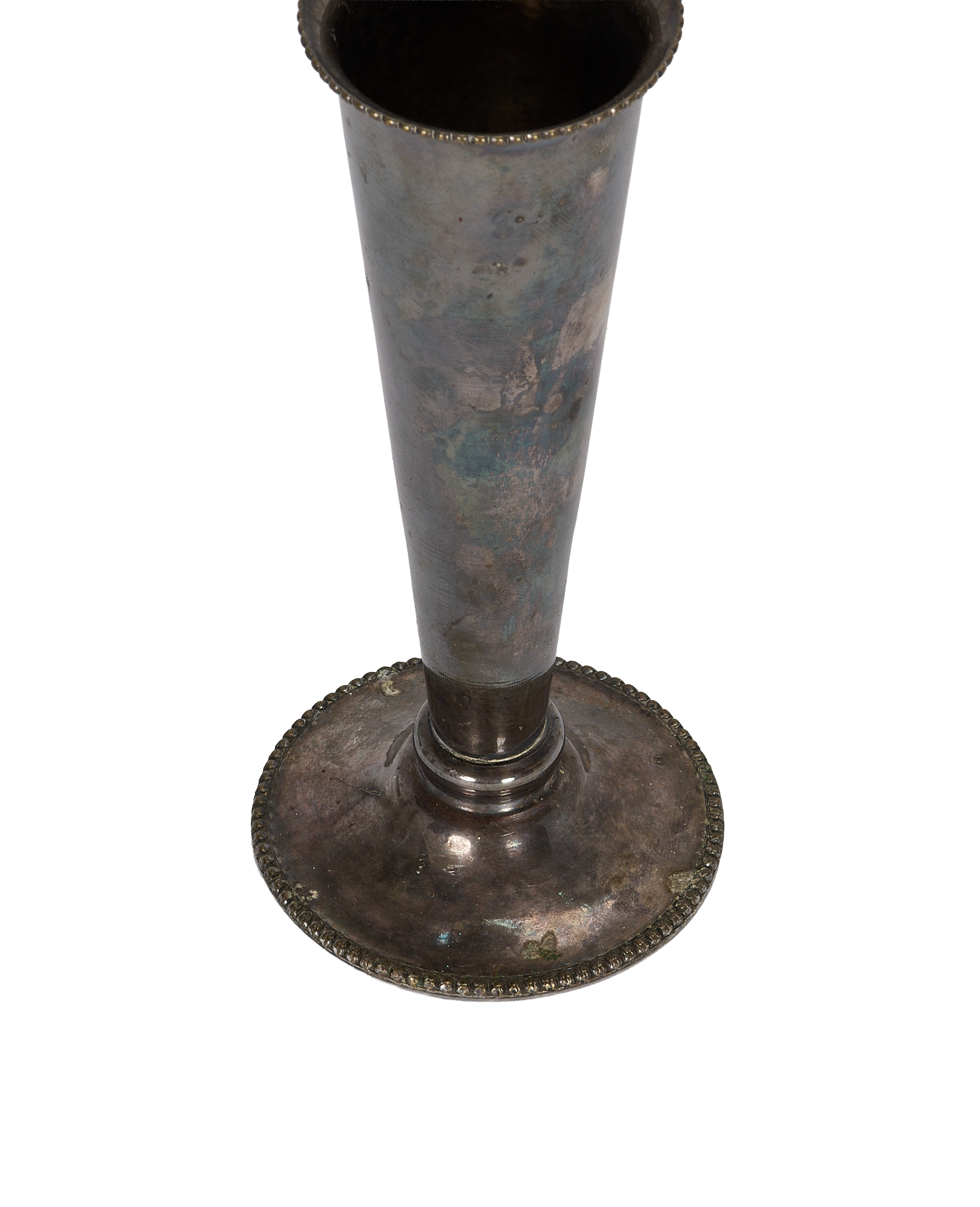Vintage French pewter bud vase with decorative base, showing patina and wear.